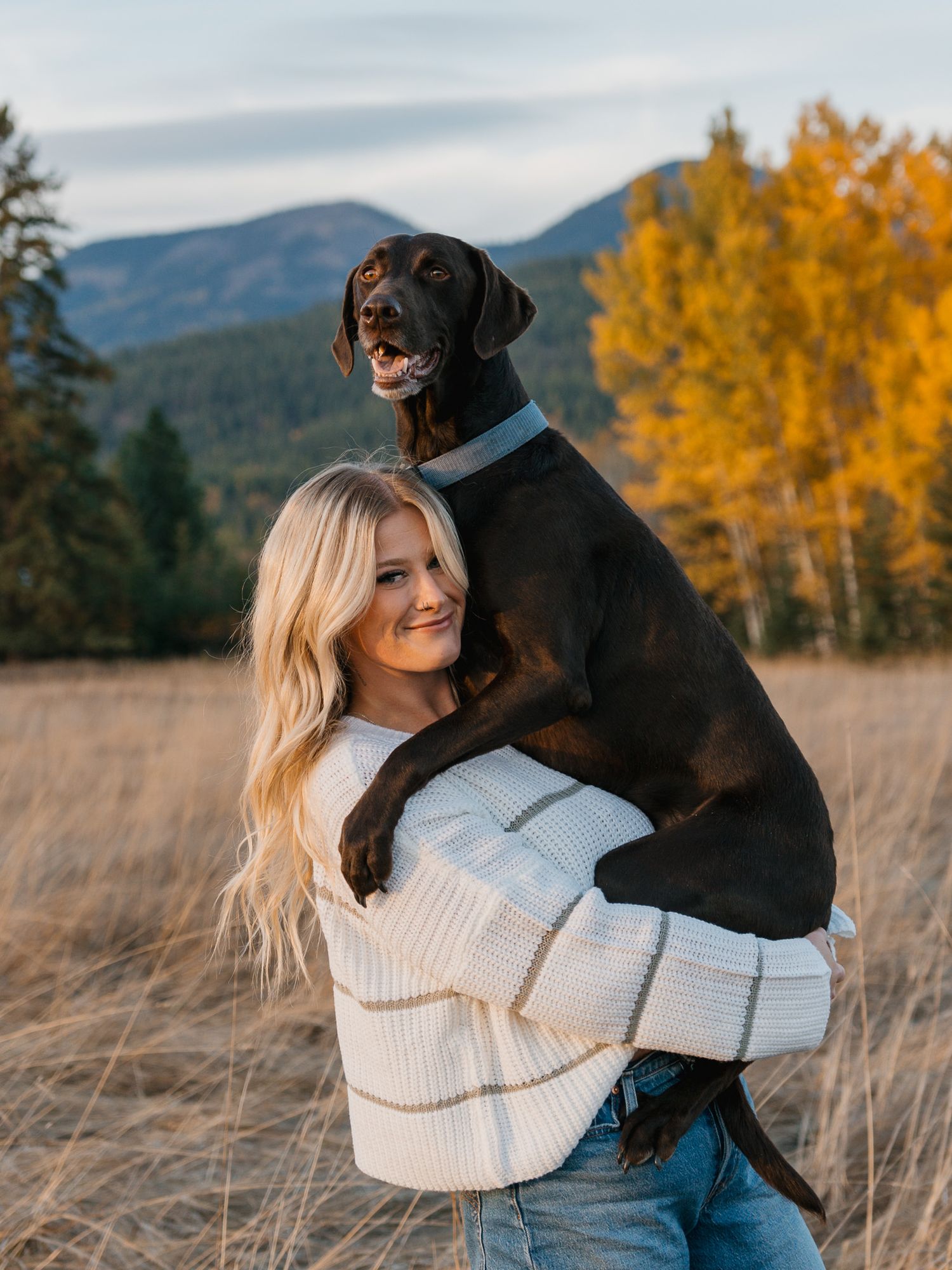 A blonde woman holds a large chocolate Labrador on her shoulders in a golden field with mountains in the background.