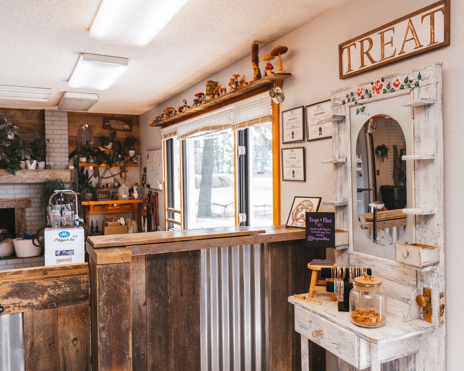 Charming rustic interior with wooden accents, decor, and vintage signage.