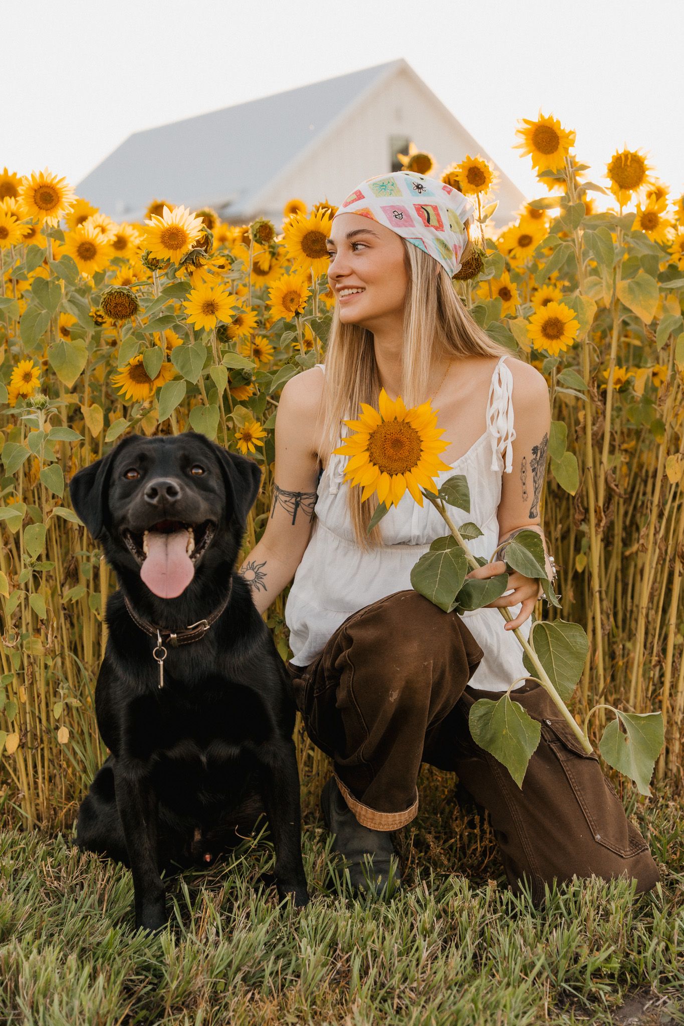 Smiling woman with headband holds sunflower beside black Labrador in vibrant sunflower field.