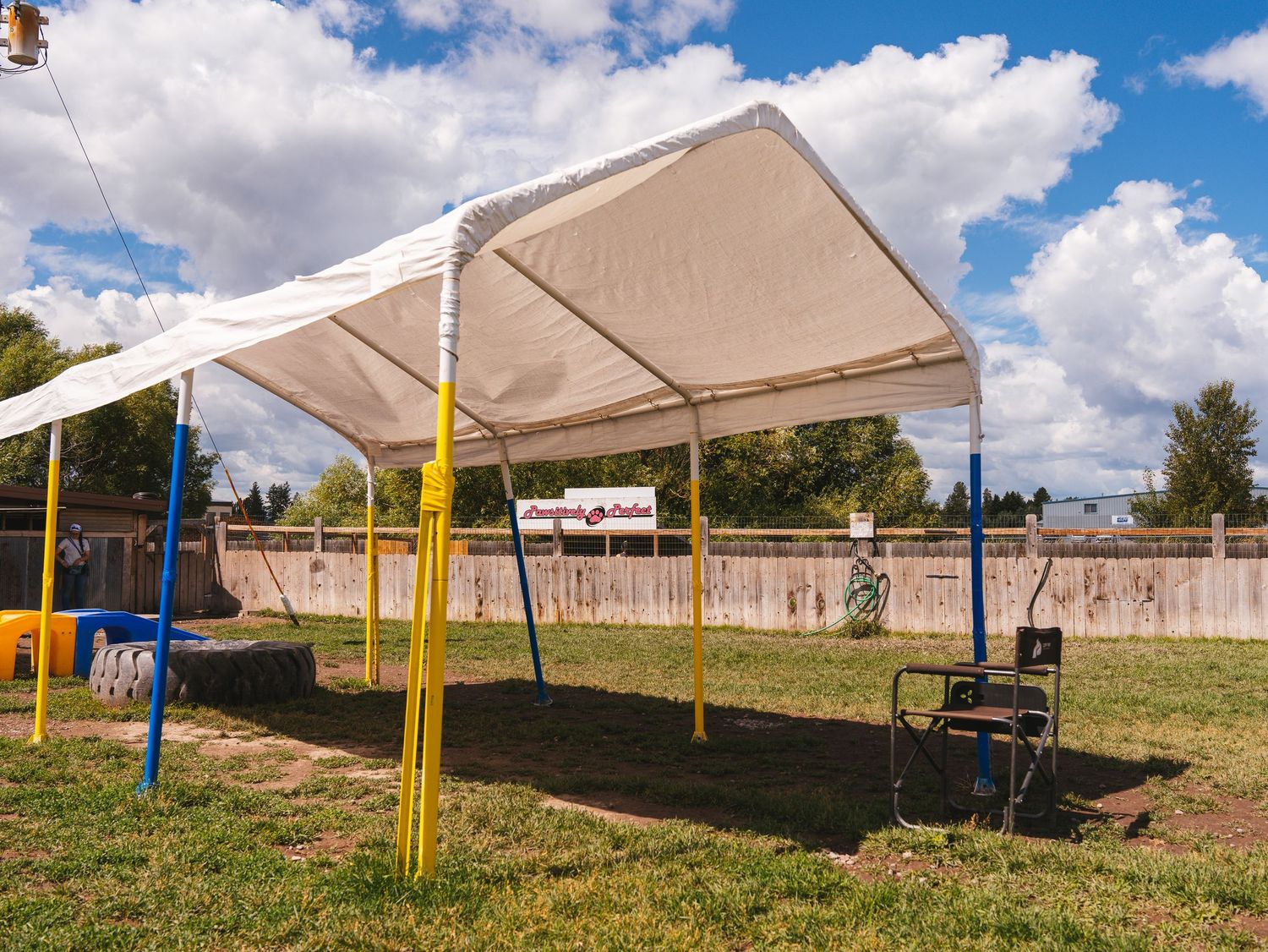 Covered outdoor play area with swings and exercise equipment in a sunny backyard.