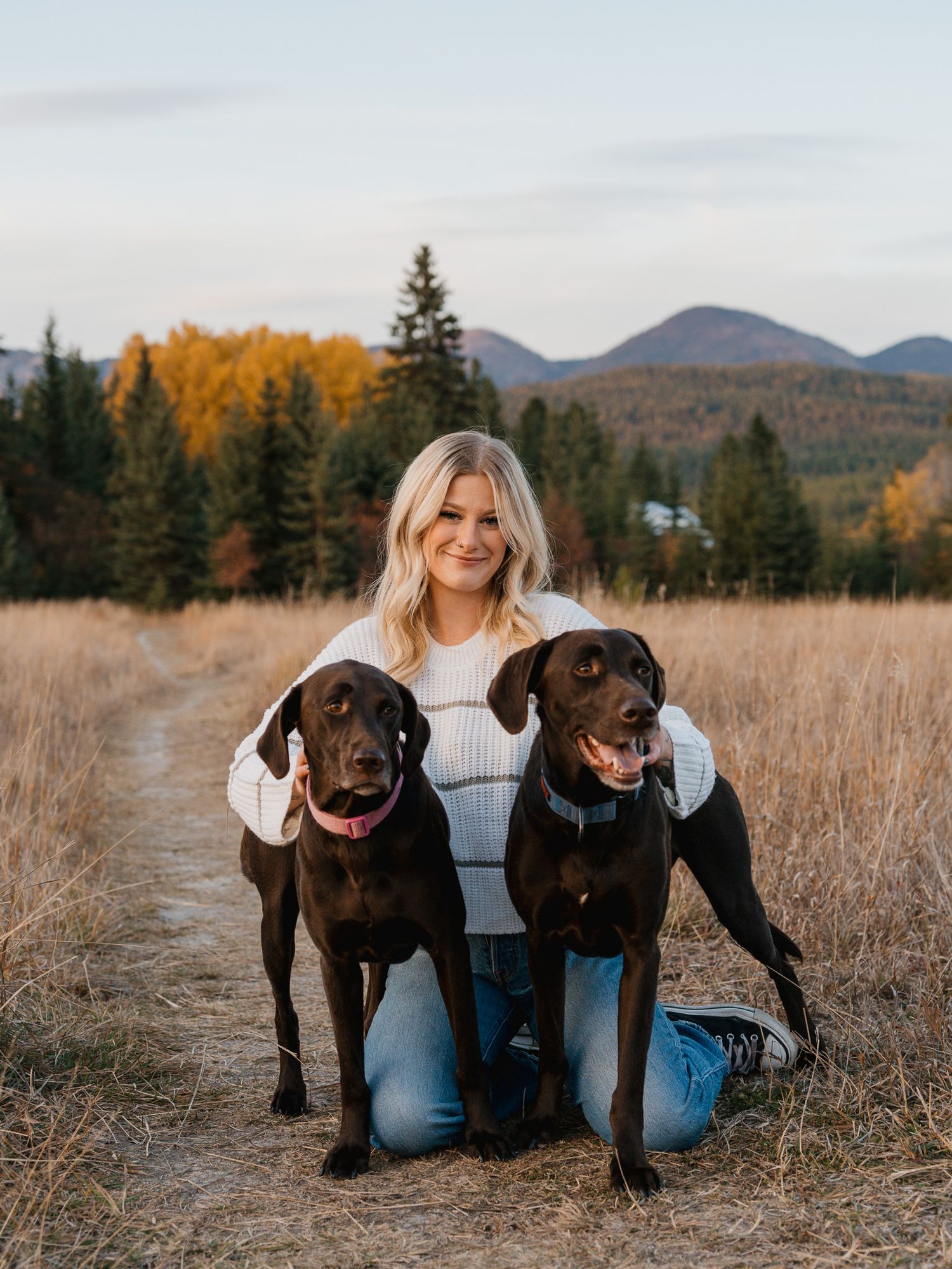 Blonde woman kneeling in autumn field with two chocolate Labrador dogs, mountains and golden trees in background.