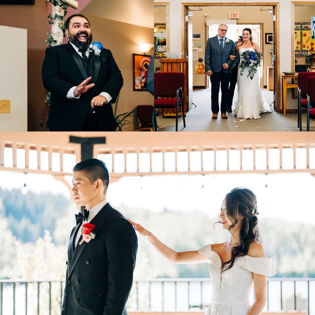 Collage of wedding moments featuring a groom reacting emotionally and a couple sharing a first look on an outdoor balcony.