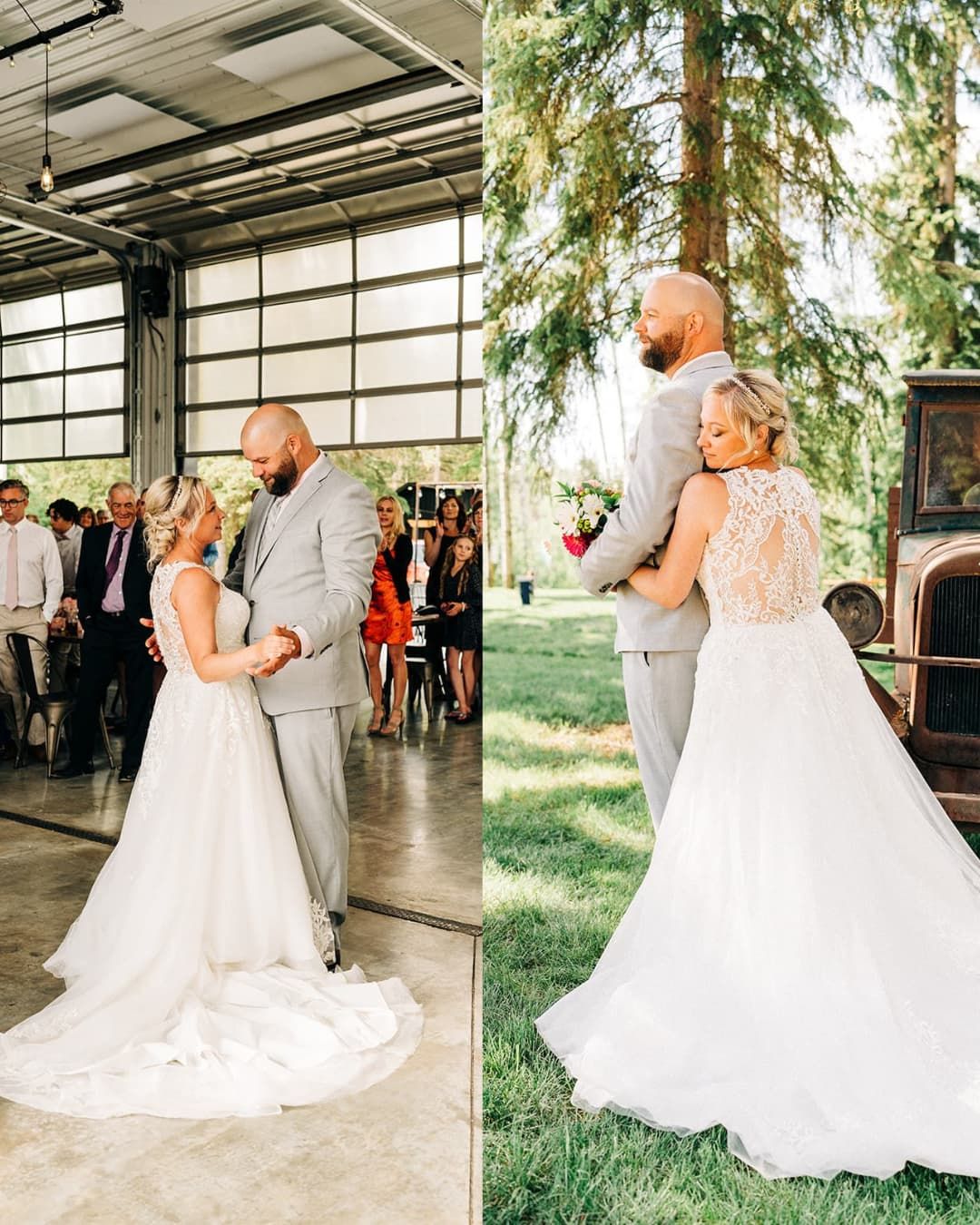 Bride and groom share a tender moment in two wedding photos, one indoors and one outdoors near a vintage truck.