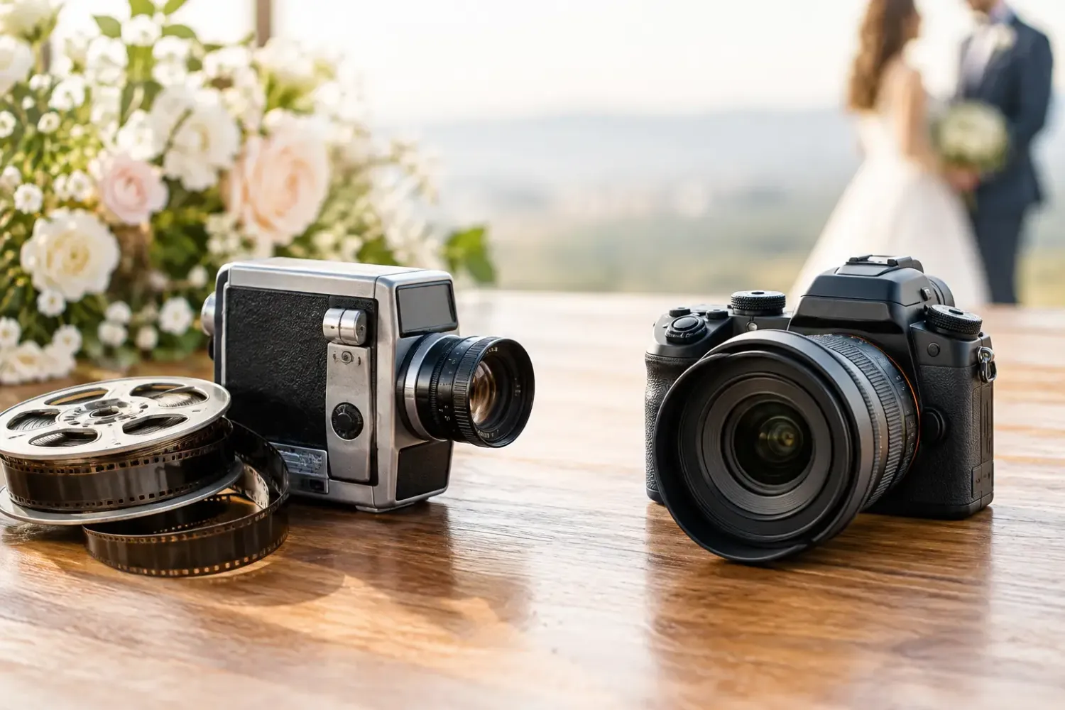 Vintage 8mm film camera and modern DSLR on wooden table at outdoor wedding with bride and groom in background.