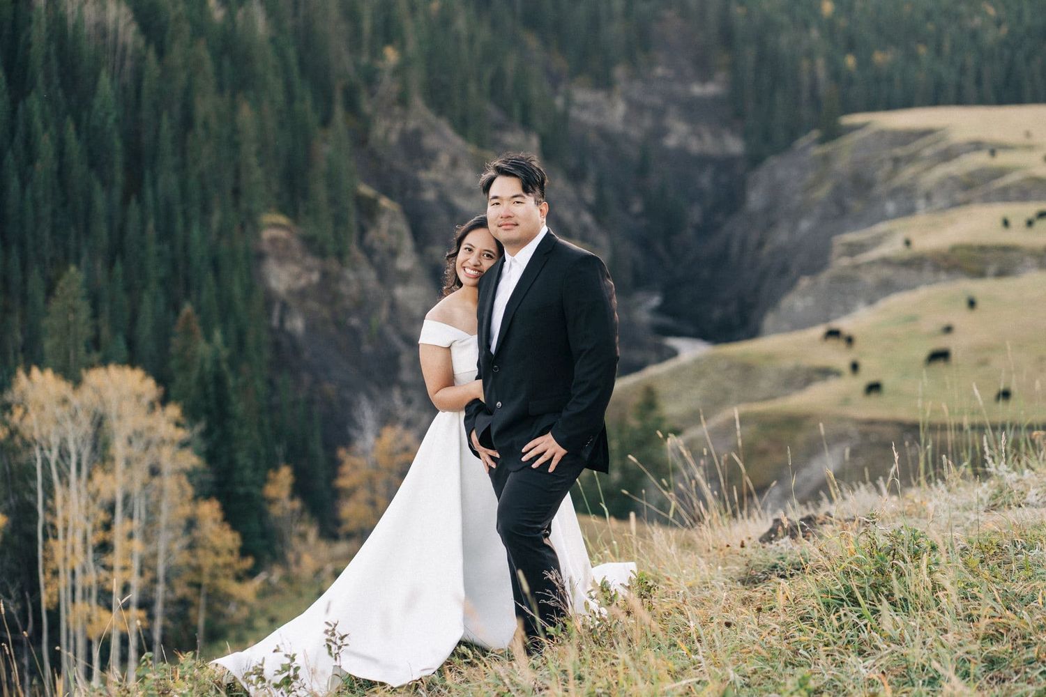 Couple in wedding attire posing on a mountain hillside with scenic forest and valley views in the background.