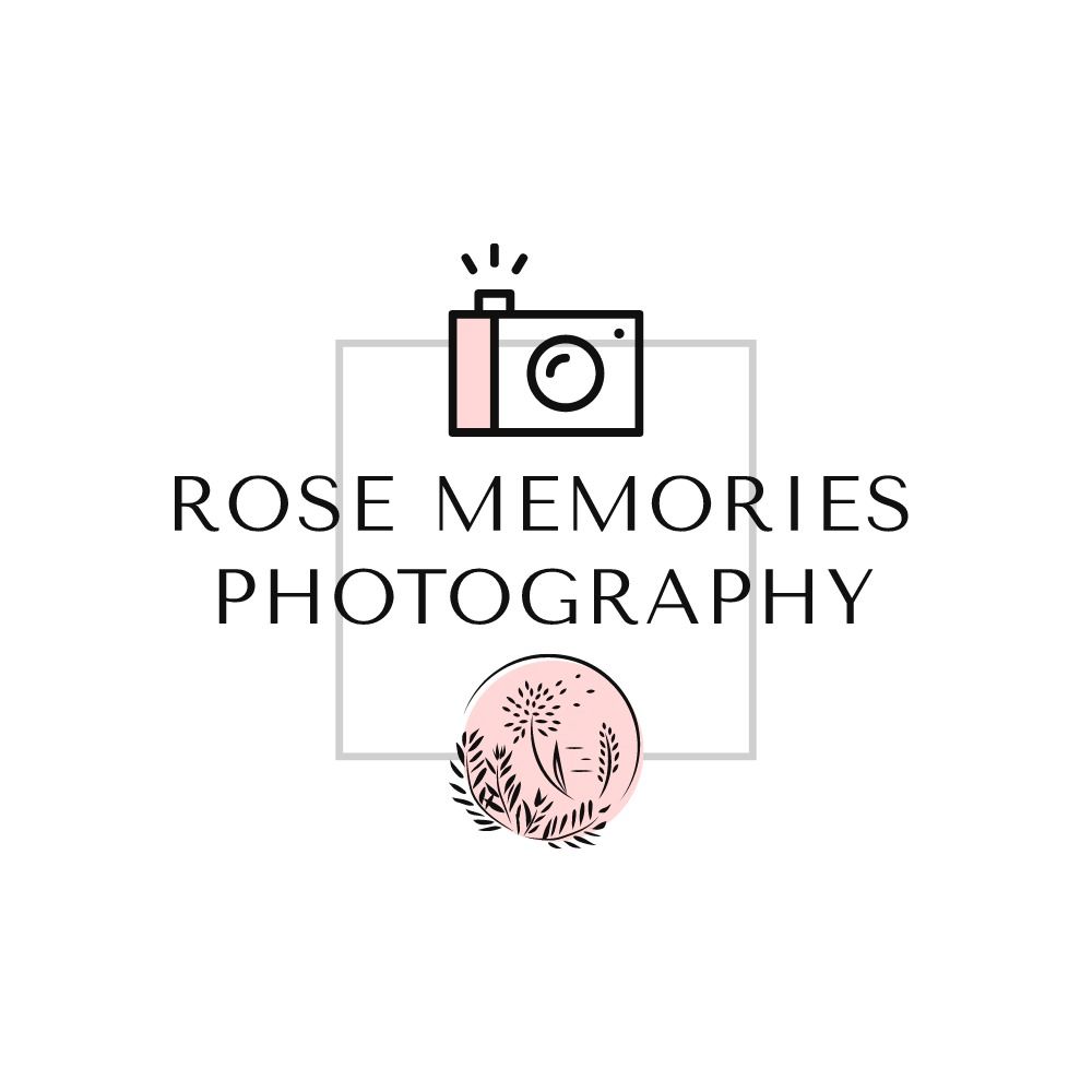 Rose Memories Photography logo featuring a pink camera icon and floral botanical emblem on white background.