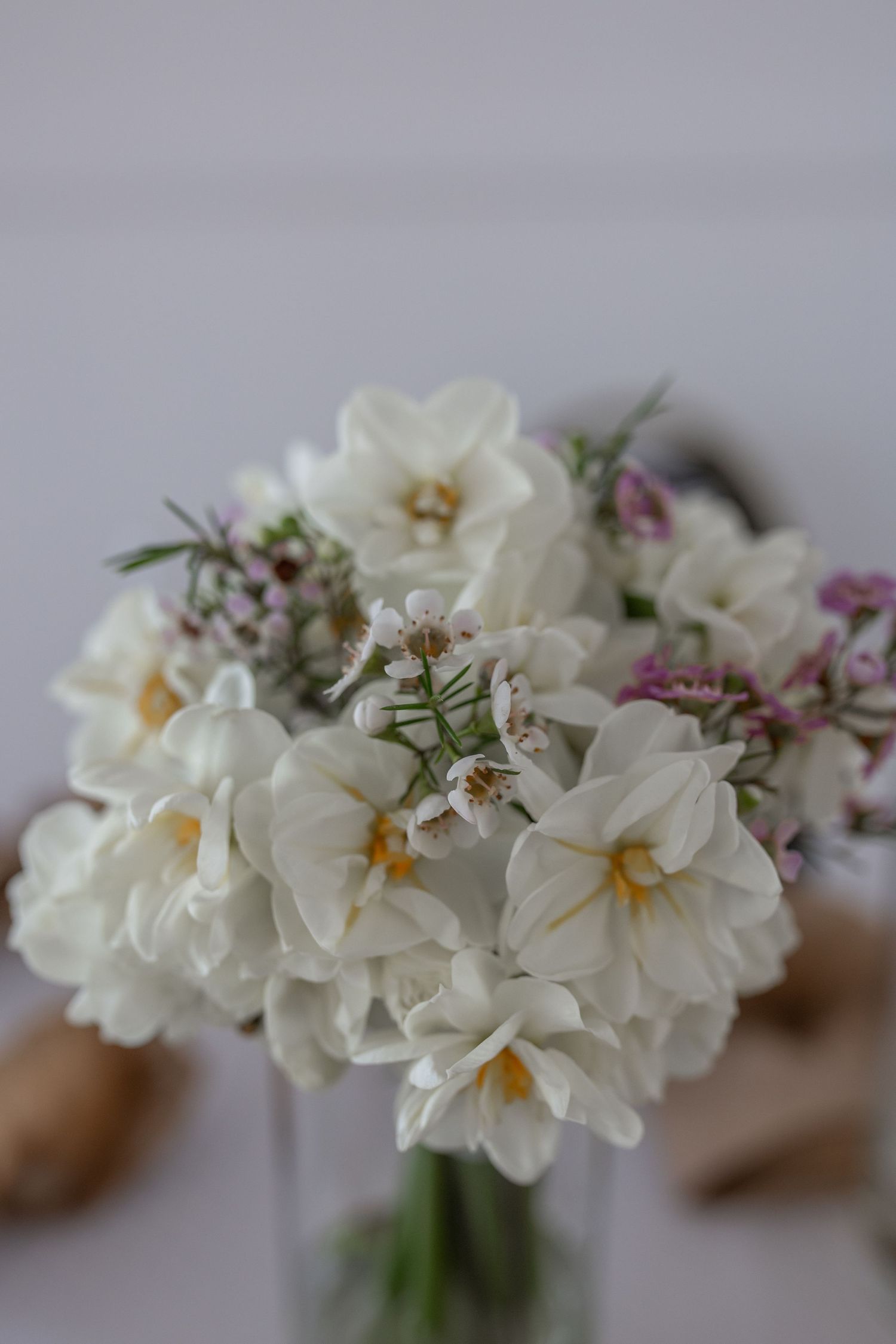 Delicate white narcissus flowers arranged in a soft spring bouquet.