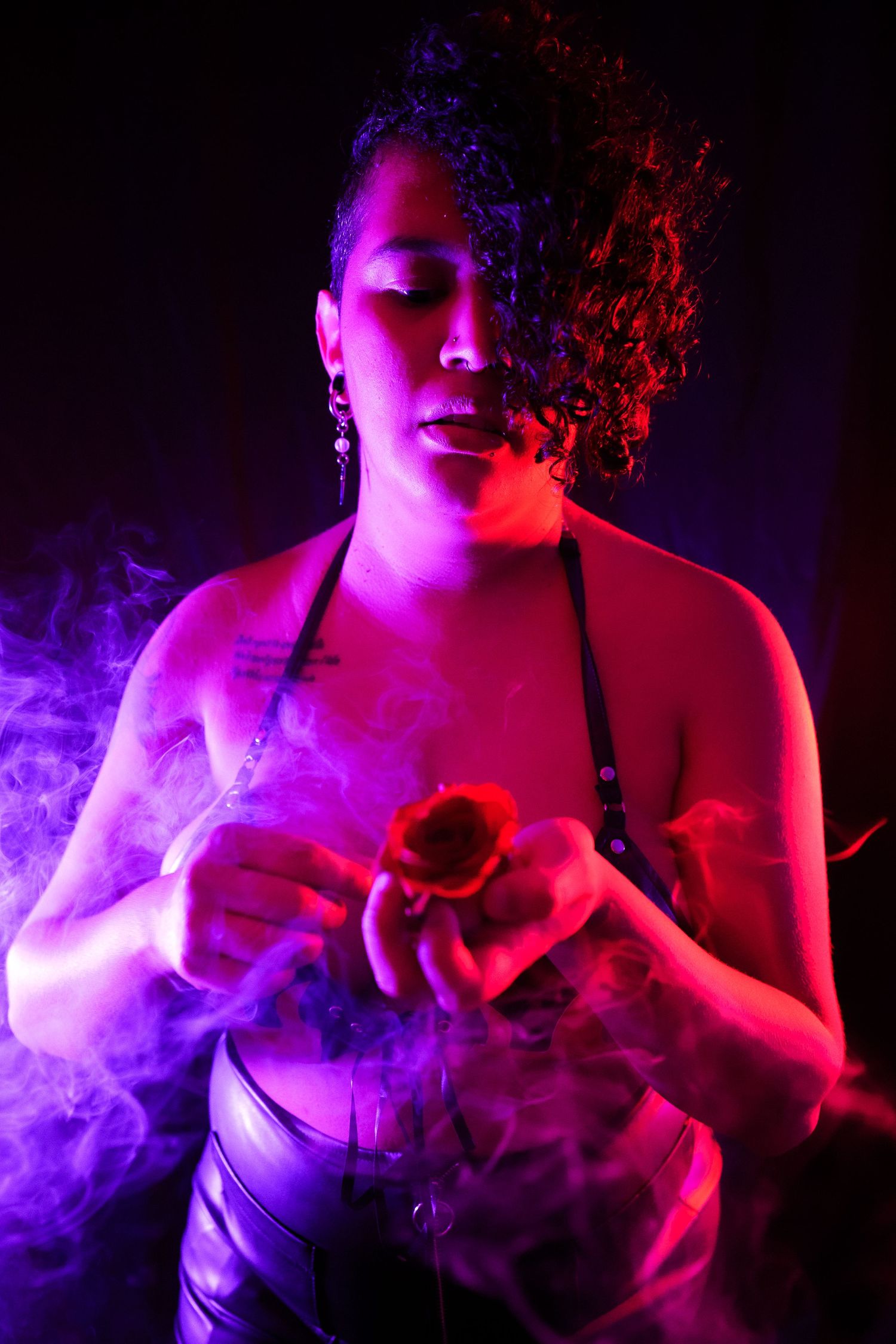 Woman holding a red rose surrounded by purple and pink smoke under dramatic neon lighting in a dark studio.