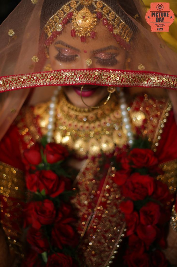 Indian bride in red and gold bridal attire with traditional jewelry, maang tikka, and veil holding red roses.