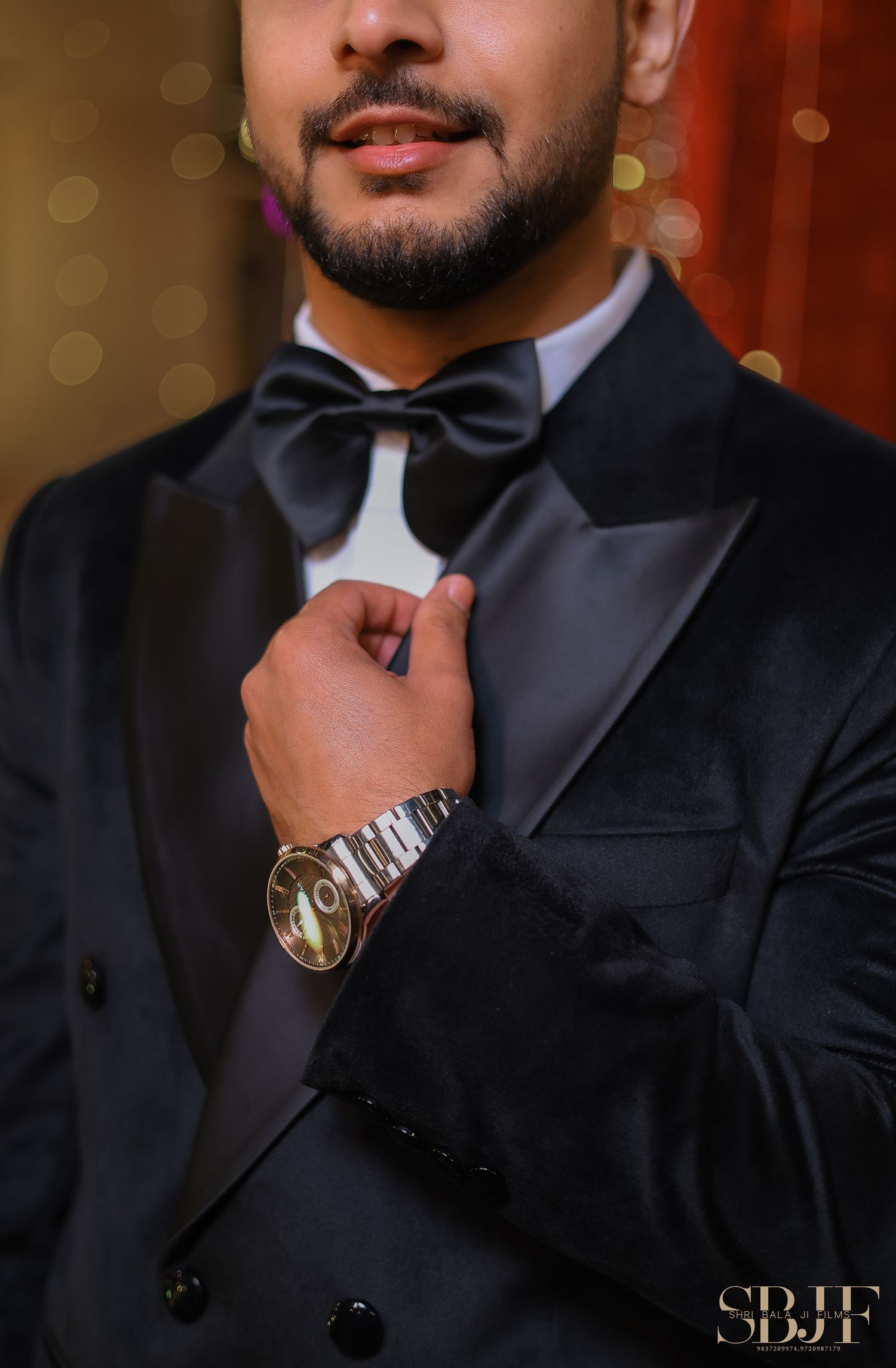 A formal portrait series showing details of a black tuxedo with bow tie and elegant styling against a warm background.