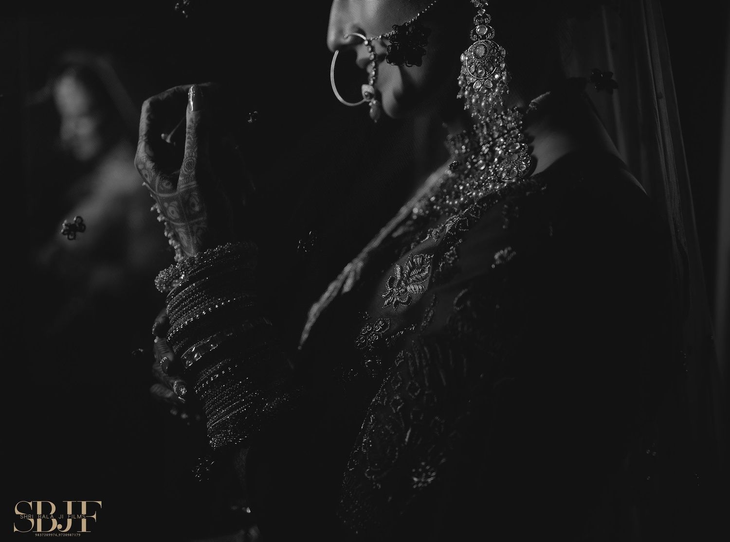 Black and white close-up shots of ornate bridal jewelry and accessories.