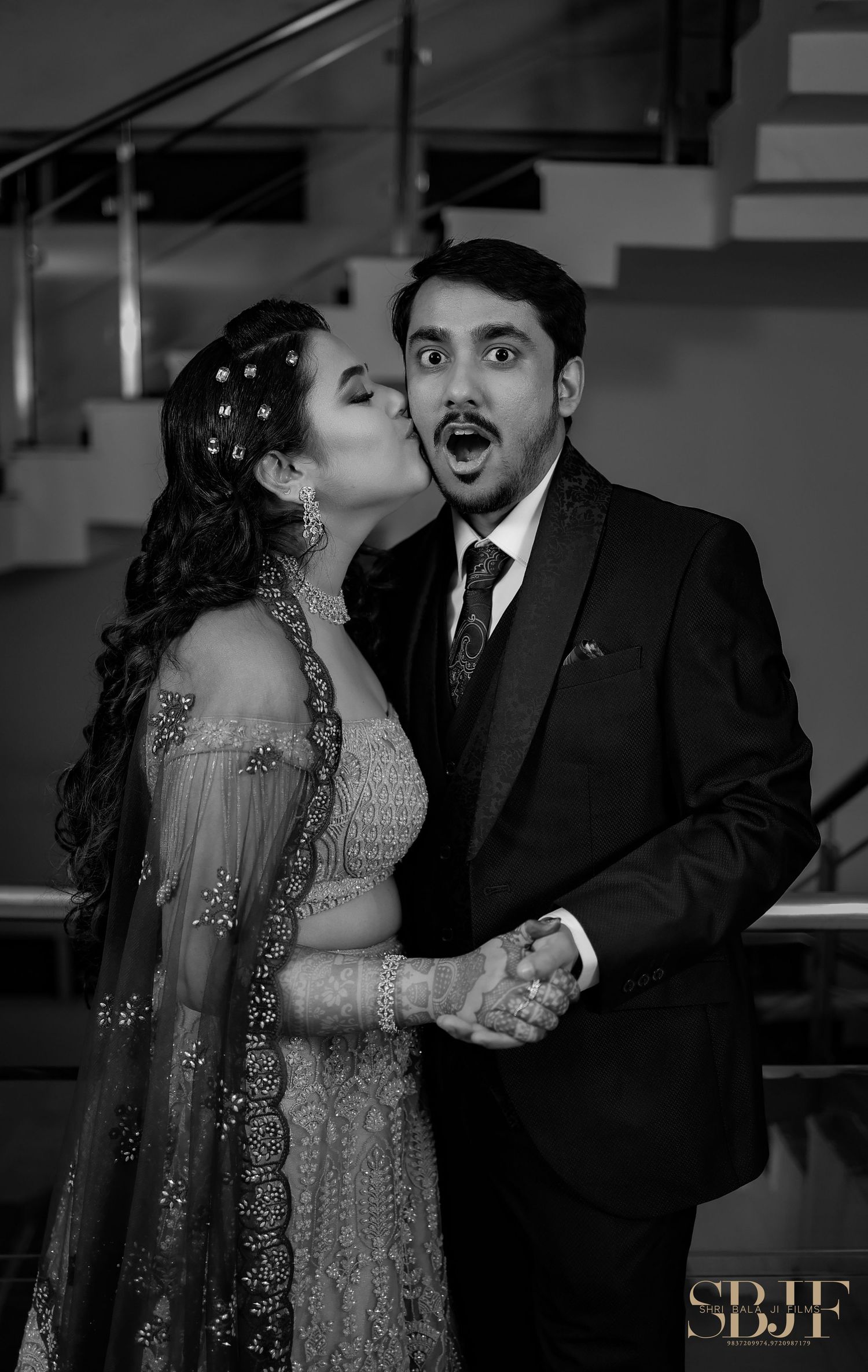 A black and white photo sequence shows a couple in formal attire sharing playful and romantic moments together.