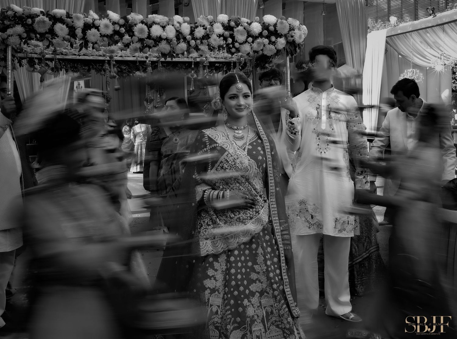 A sequence of vintage black and white photographs showing people in motion at what appears to be a social gathering.