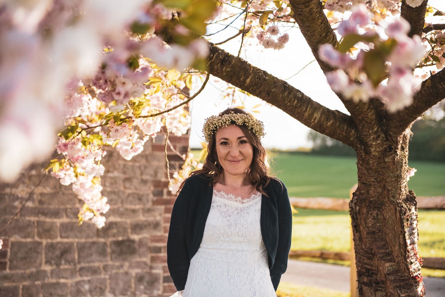Spring wedding portrait under blooming cherry blossom tree against brick wall.