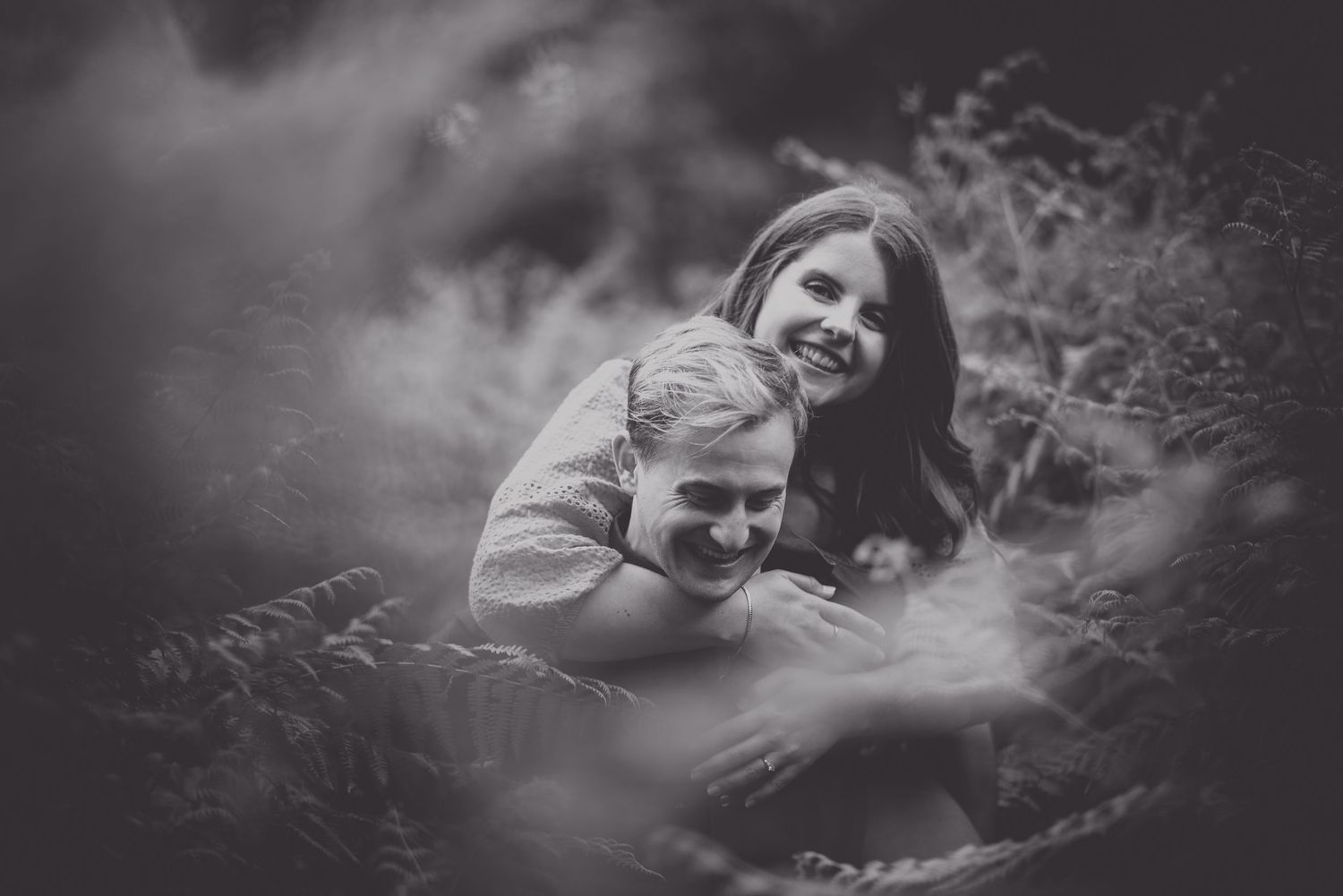 East Sussex engagement shoot.Artistic black and white portrait session captured through wispy clouds and shadows.