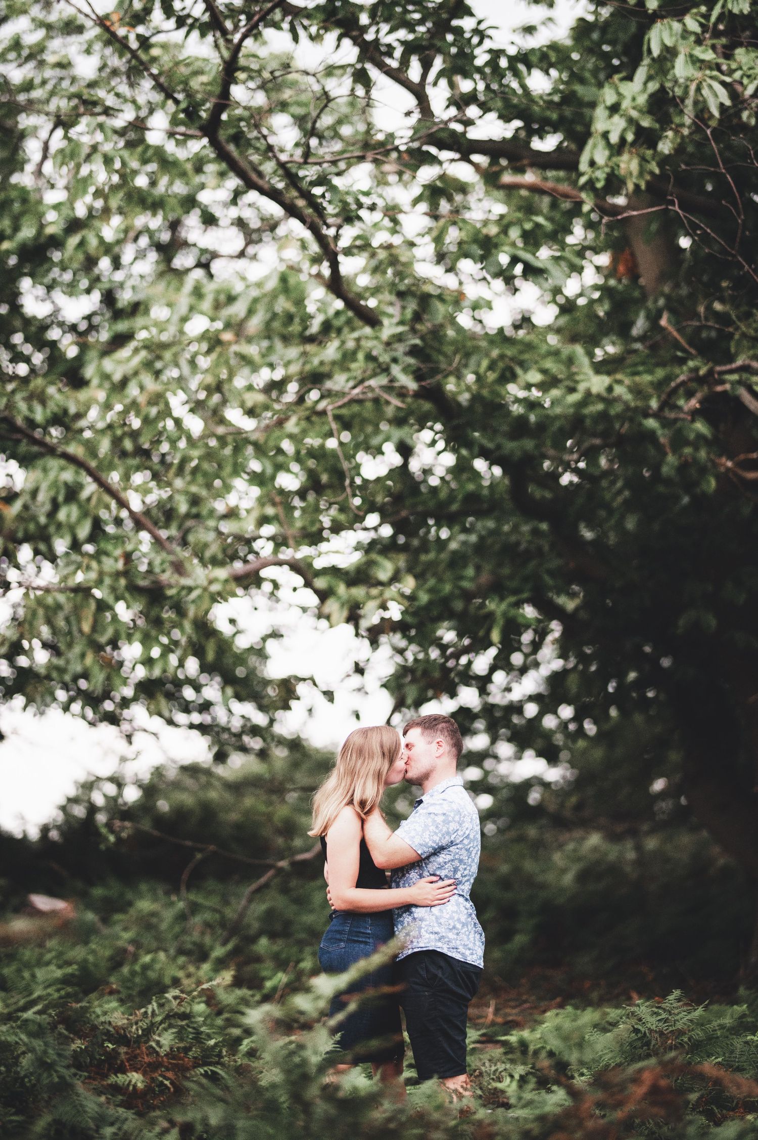 A romantic couple embraces under green tree branches in a dreamy outdoor setting.