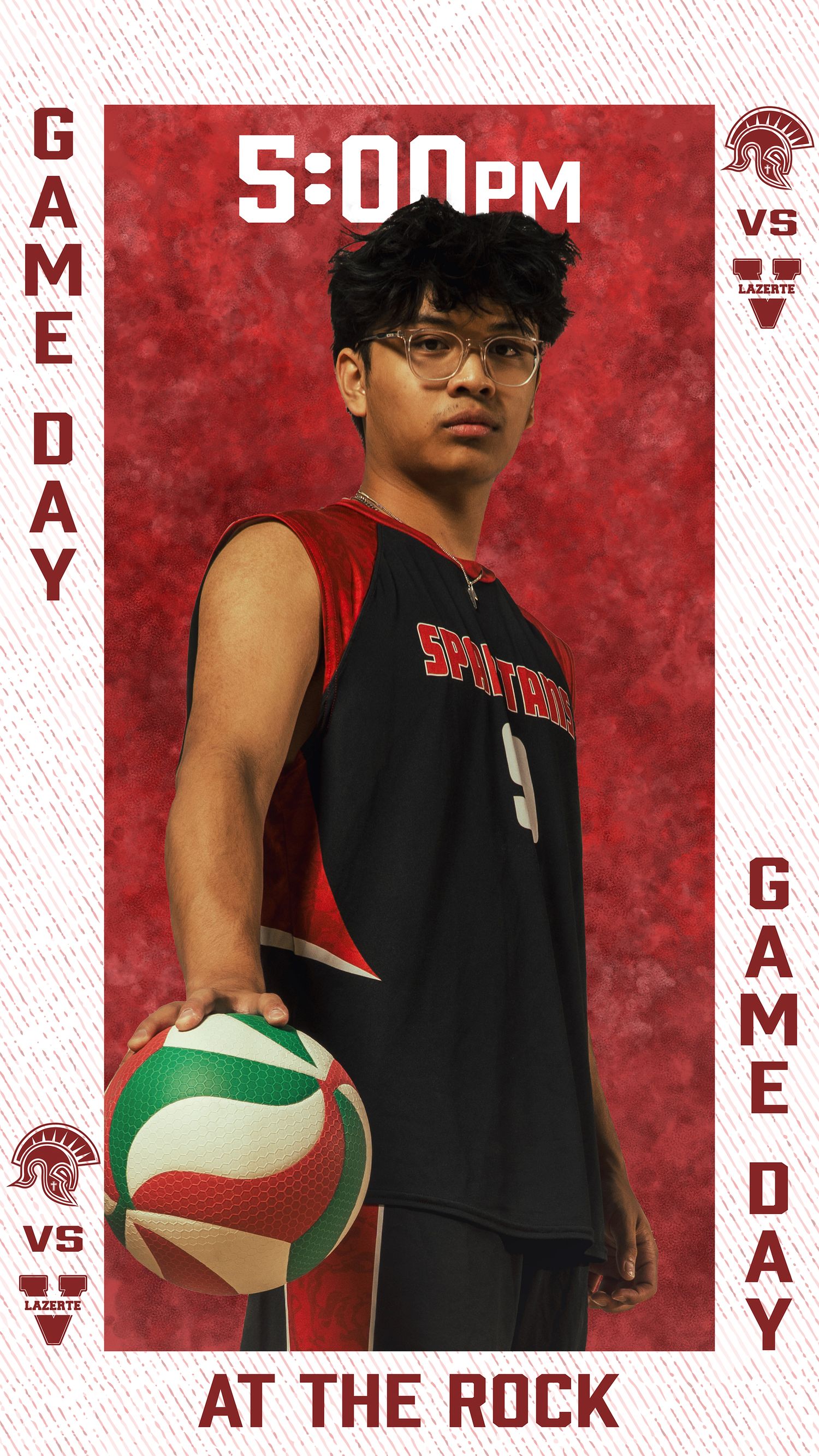 Sports promotional image featuring volleyball player in black uniform holding a volleyball against red background.
