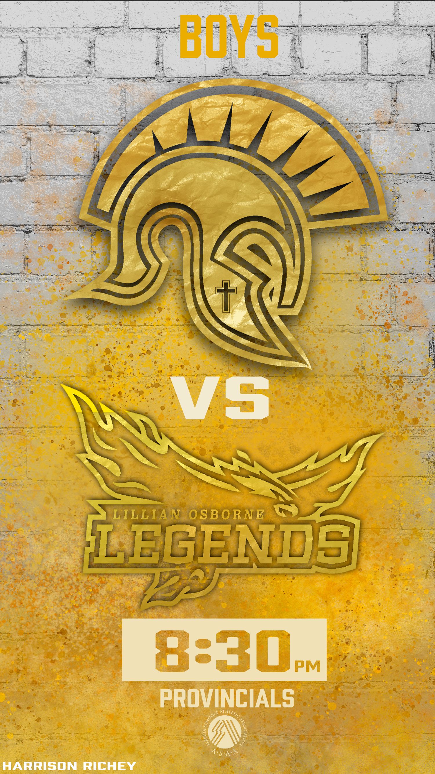 Yellow and black sports event poster with Spartan helmet logo against brick background.