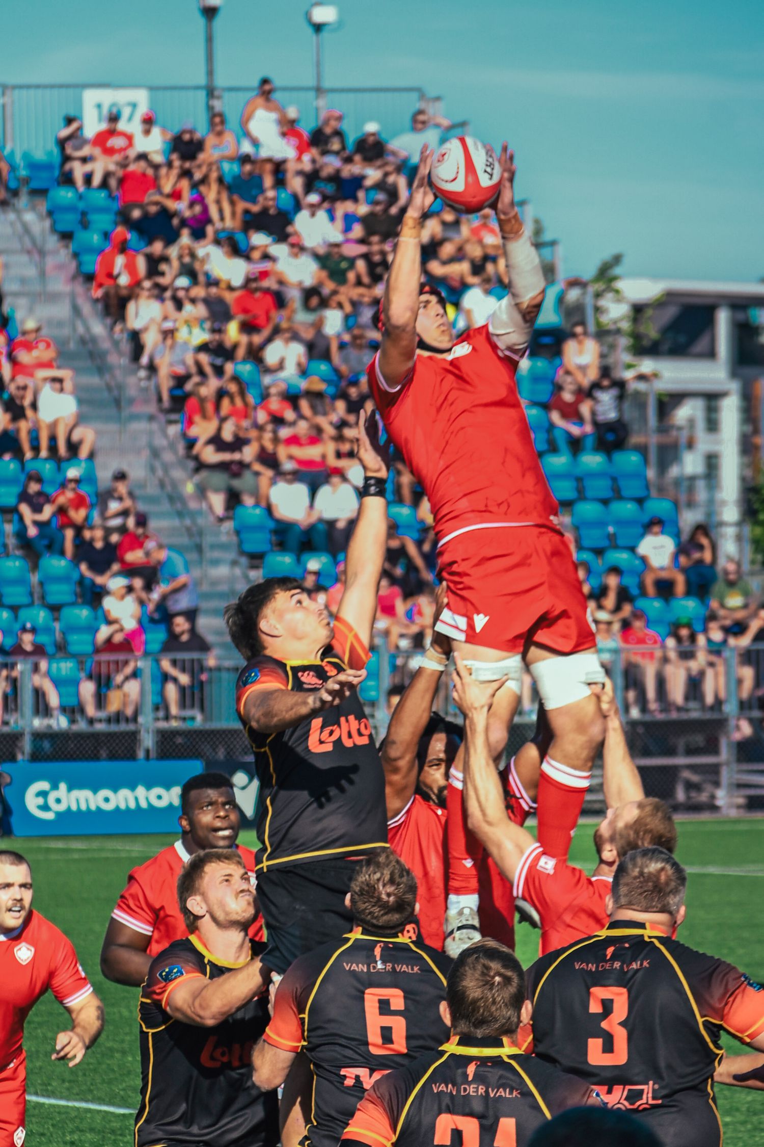 Rugby players leap high to catch the ball during a lineout play with spectators watching.
