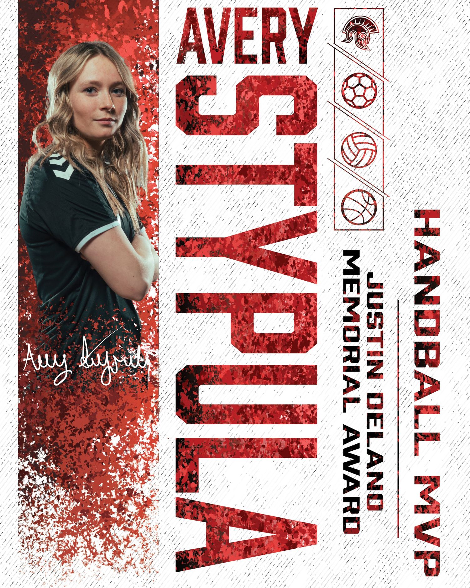 Red and white sports banner design with Spartan logo and player information.