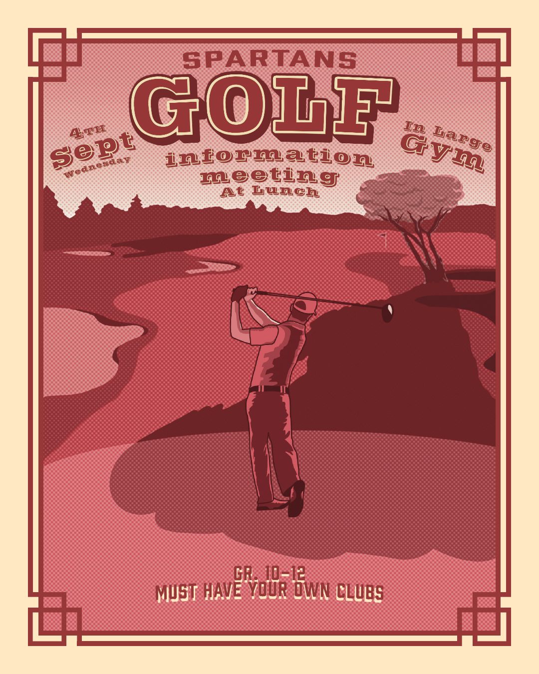 Retro-styled golf team information poster showing silhouette of golfer on course at sunset.