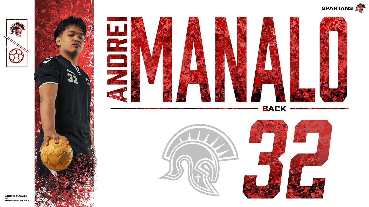 Sports roster design with player names and numbers in bold red typography.