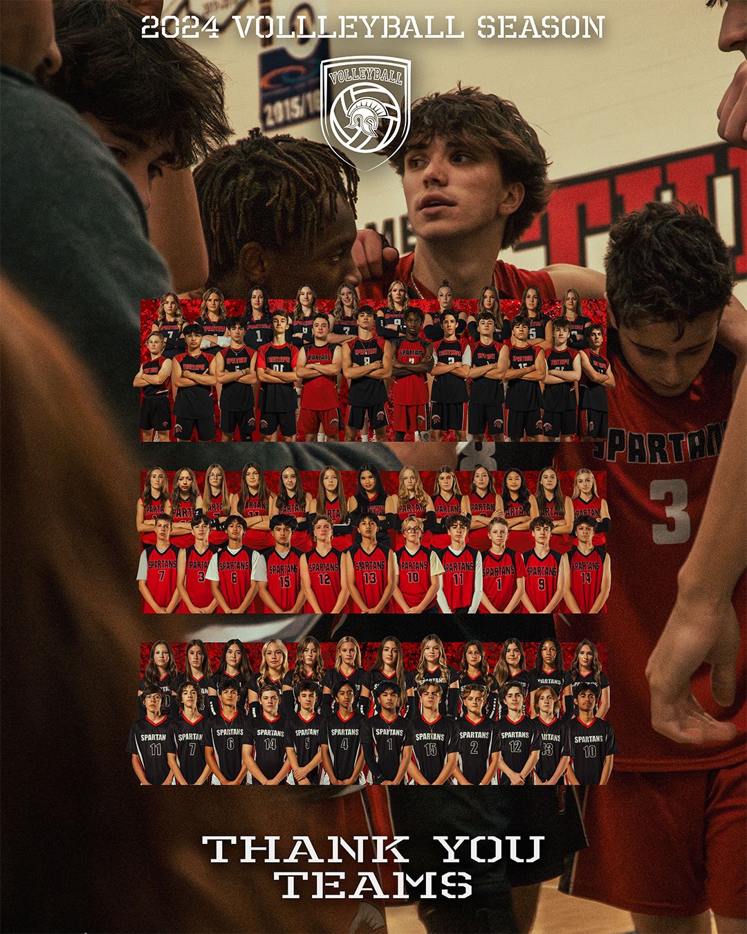 Collage showing three rows of volleyball team photos with red uniforms against a dark background.