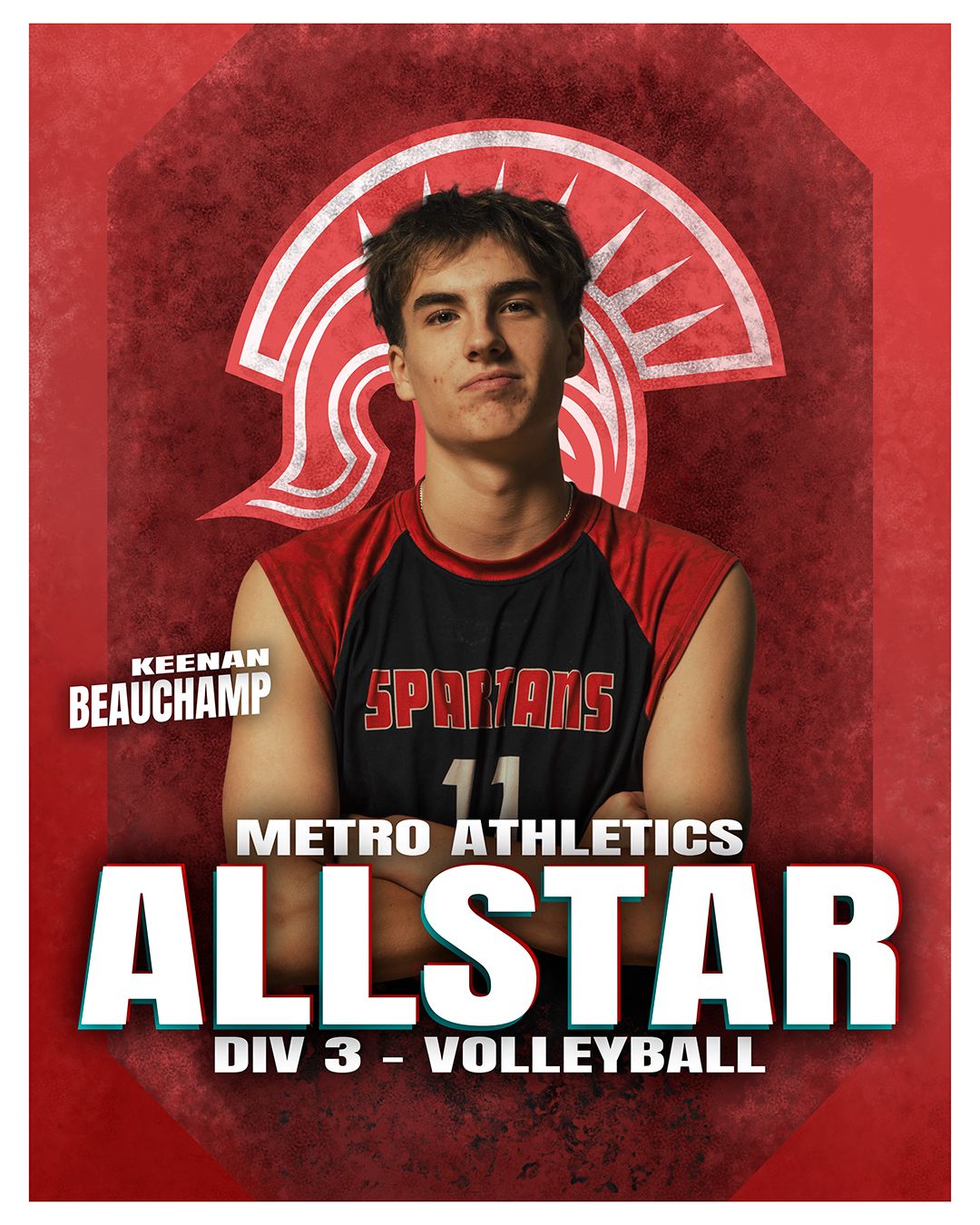 Red sports banner design featuring Metro Athletics Division 3 Volleyball text and logo.