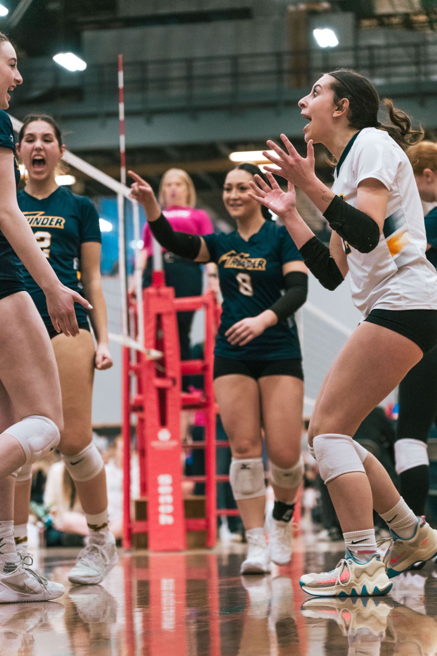 Low angle shot of volleyball players' legs and feet during an indoor match.