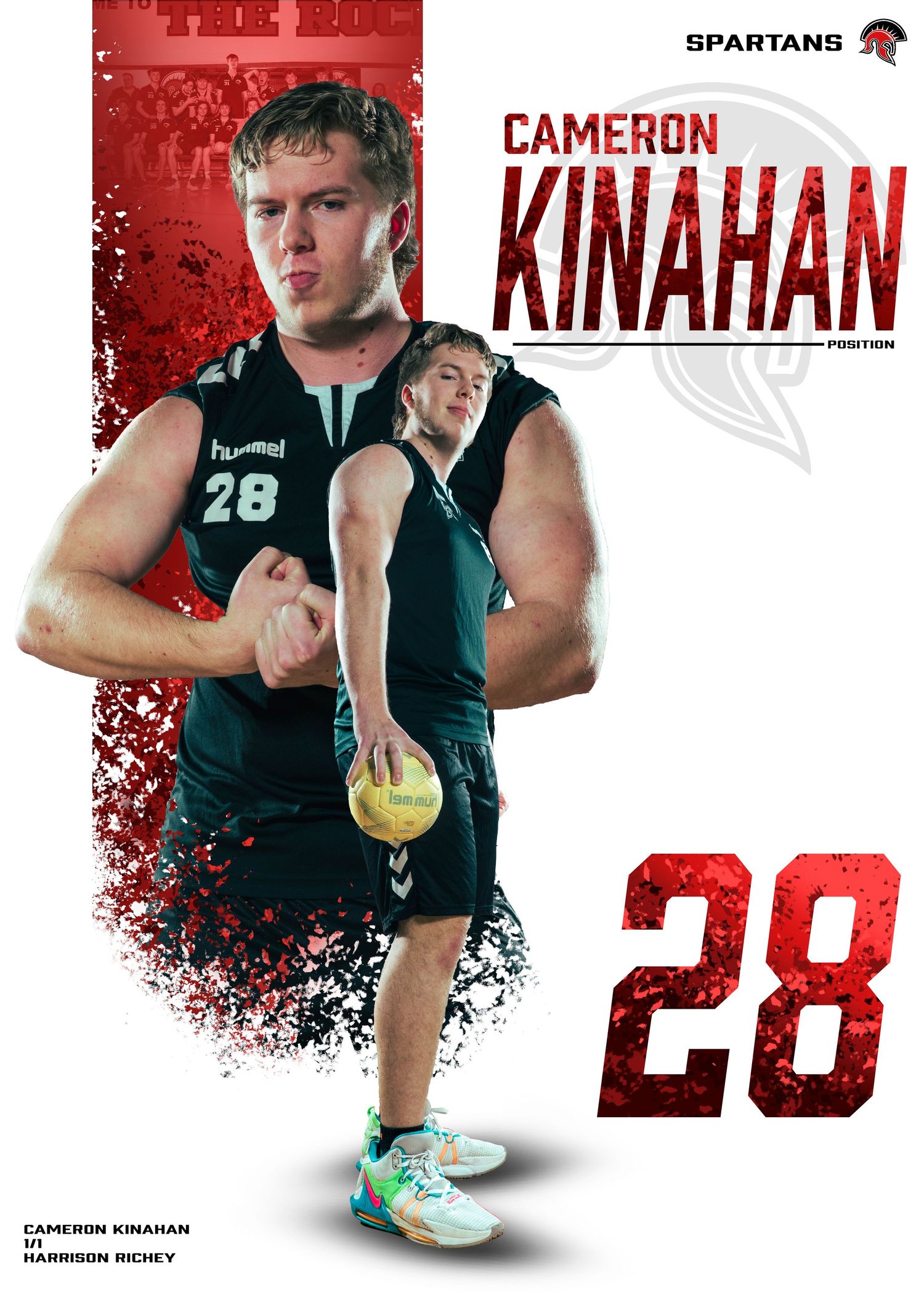 Athletic promotional banner featuring Spartan team branding and player number 28.