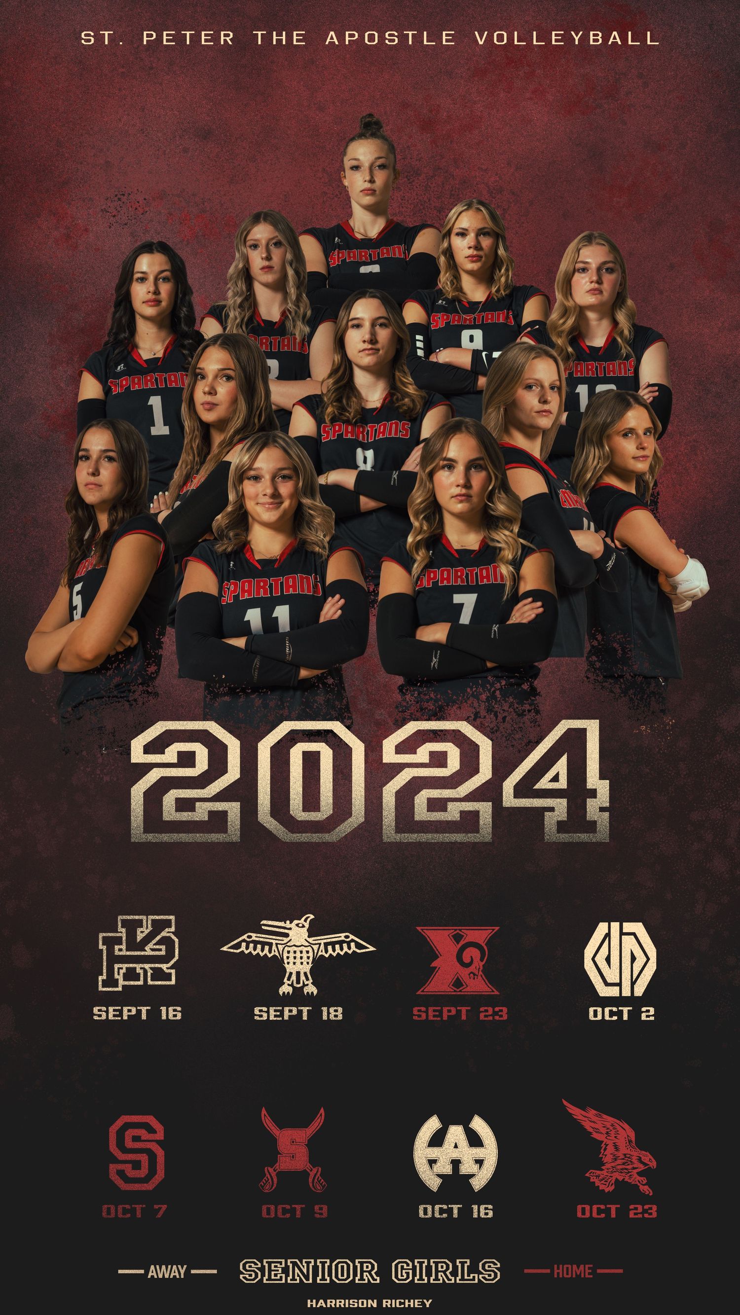 Volleyball team promotional banner with schedule dates and team logos on dark red background.