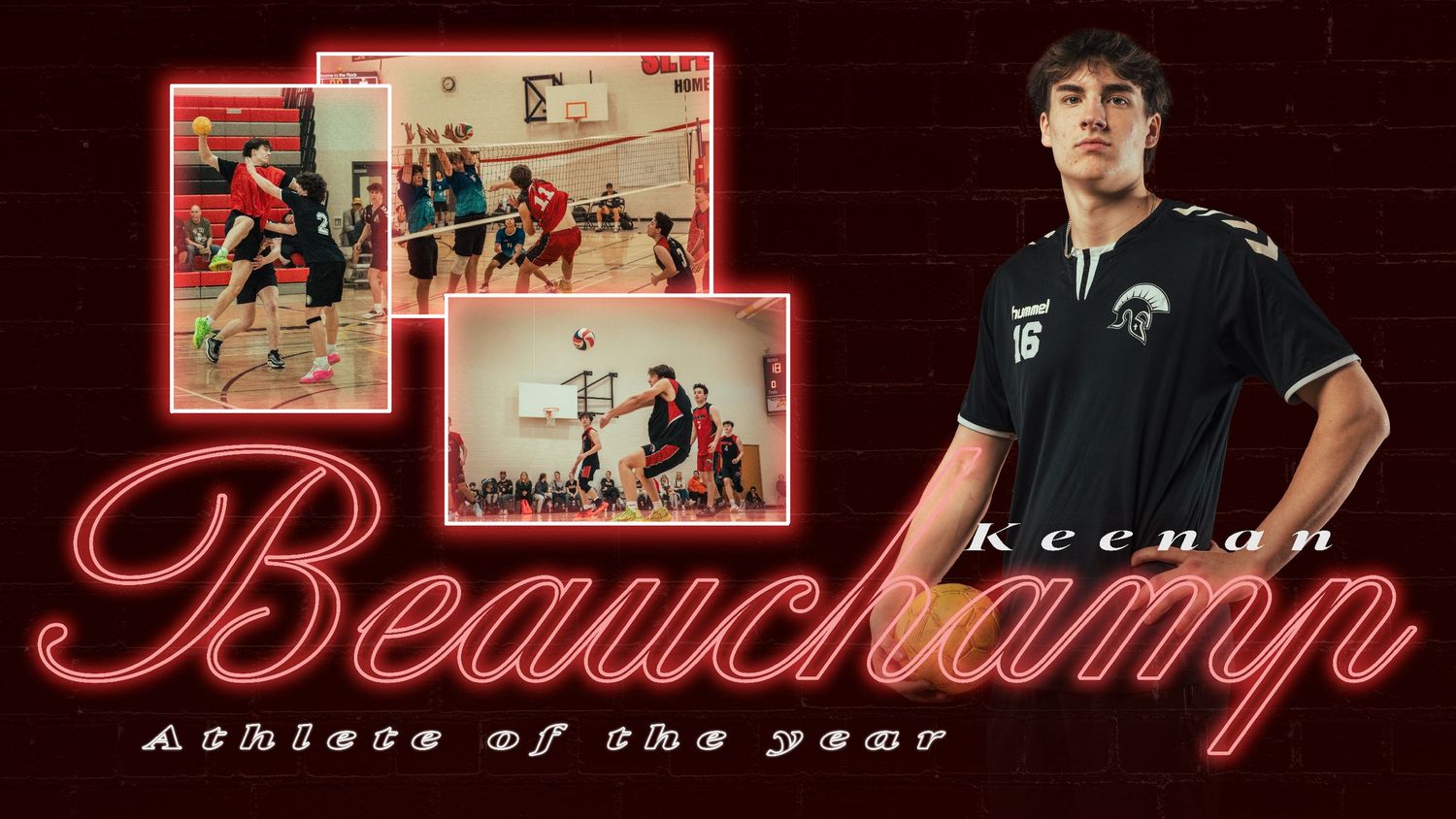 Sports themed banner with red borders and action photo insets.