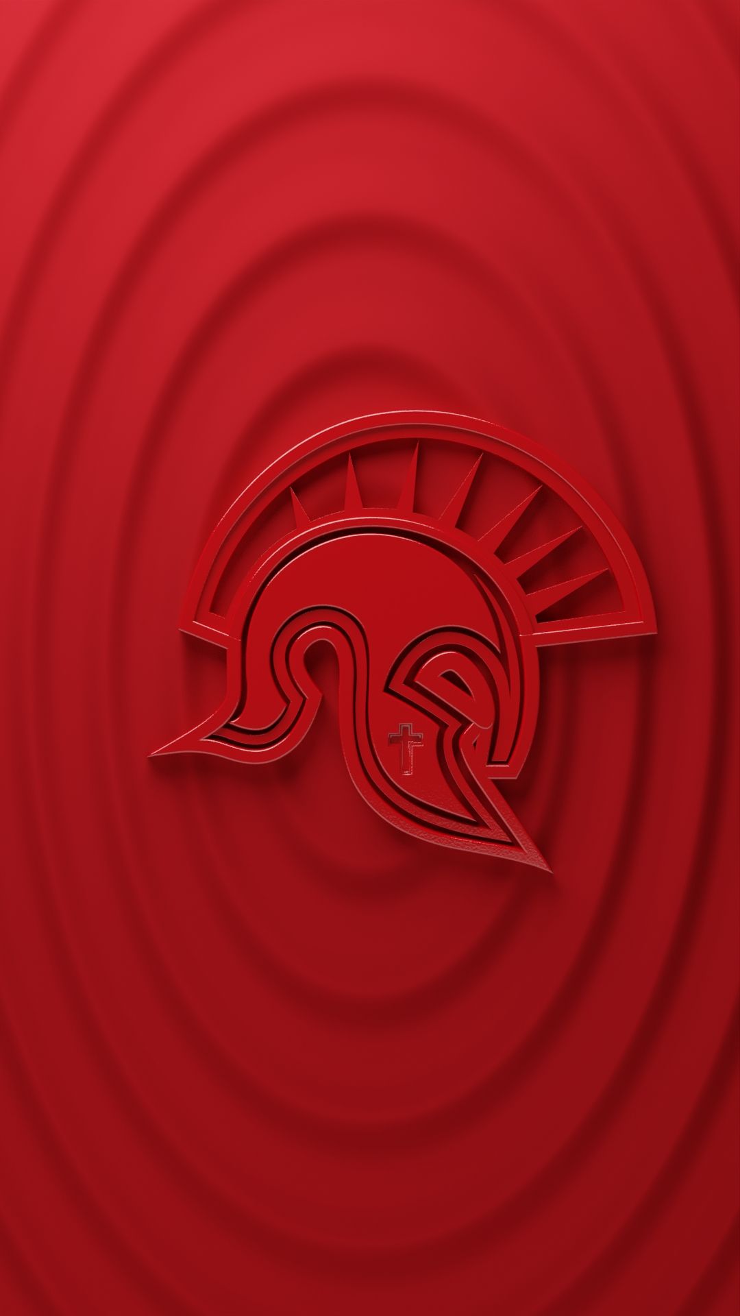 Spartan helmet logo repeated in spiral pattern against deep red background.