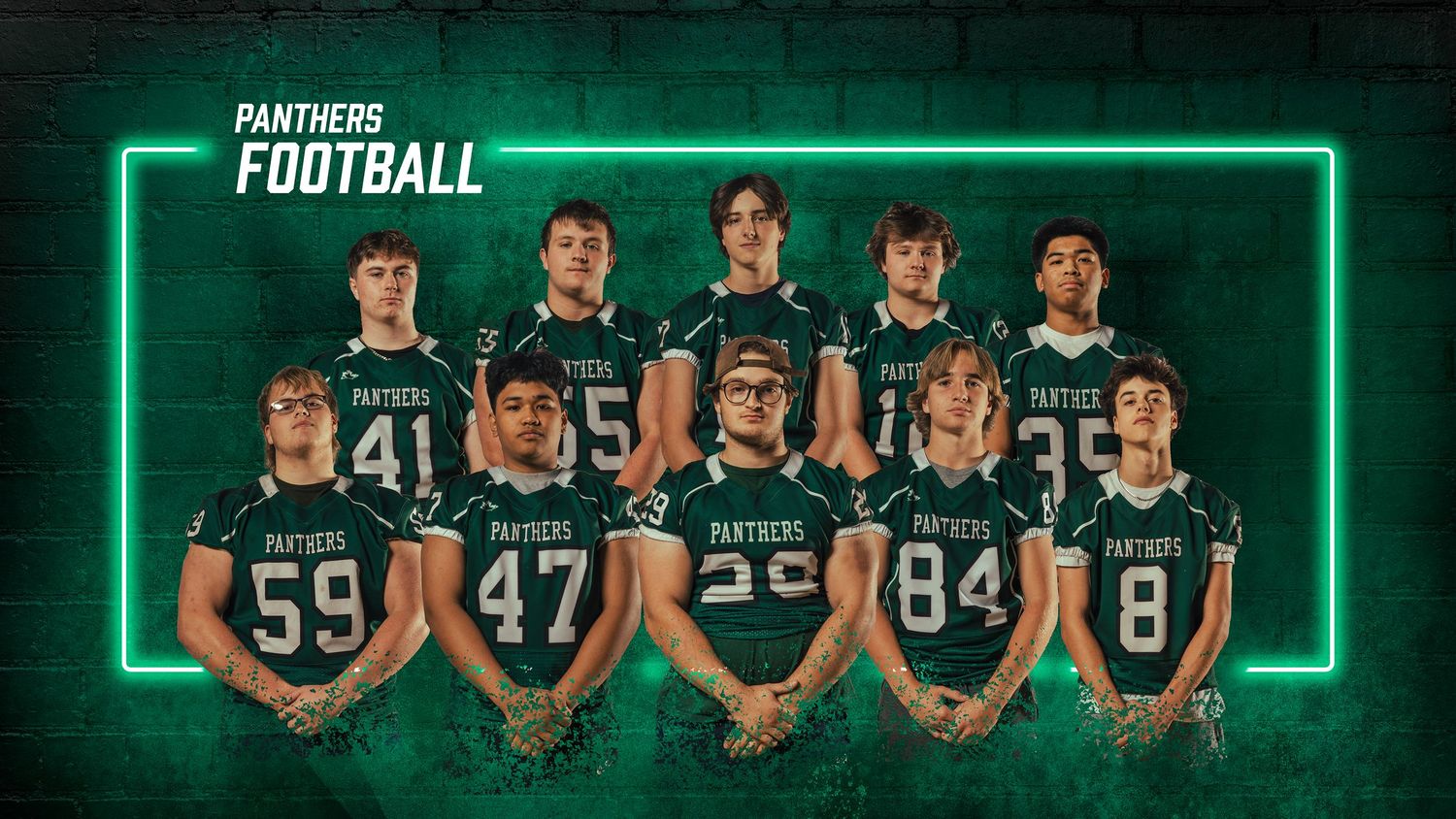 Green neon football team photo banner with player headshots.