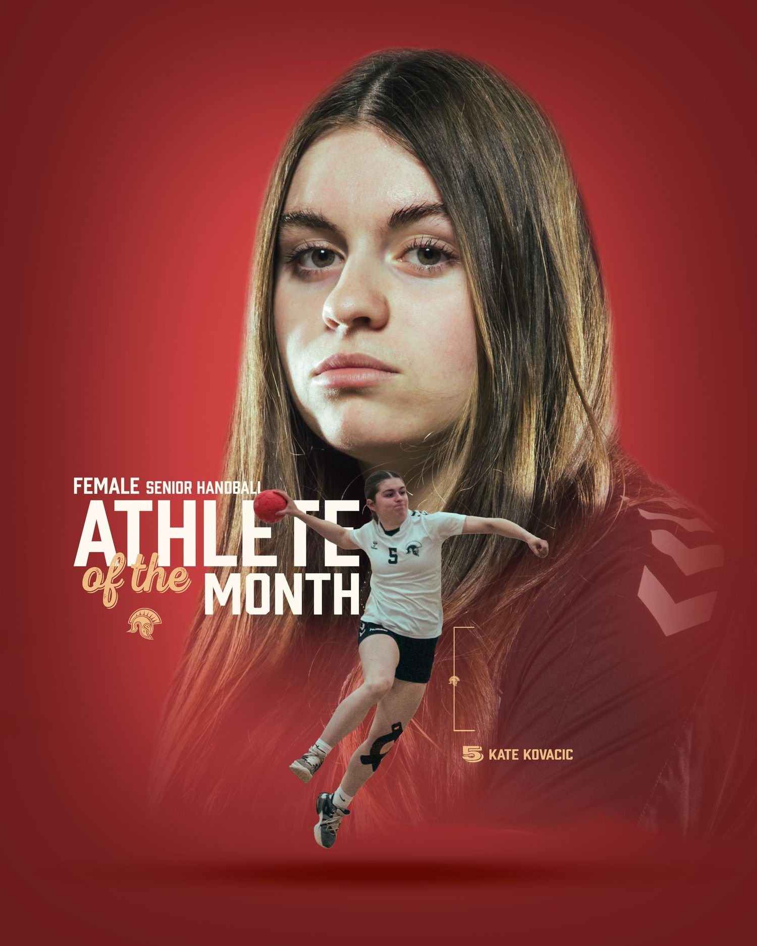 Athletic achievement poster featuring female athlete in action against red background.