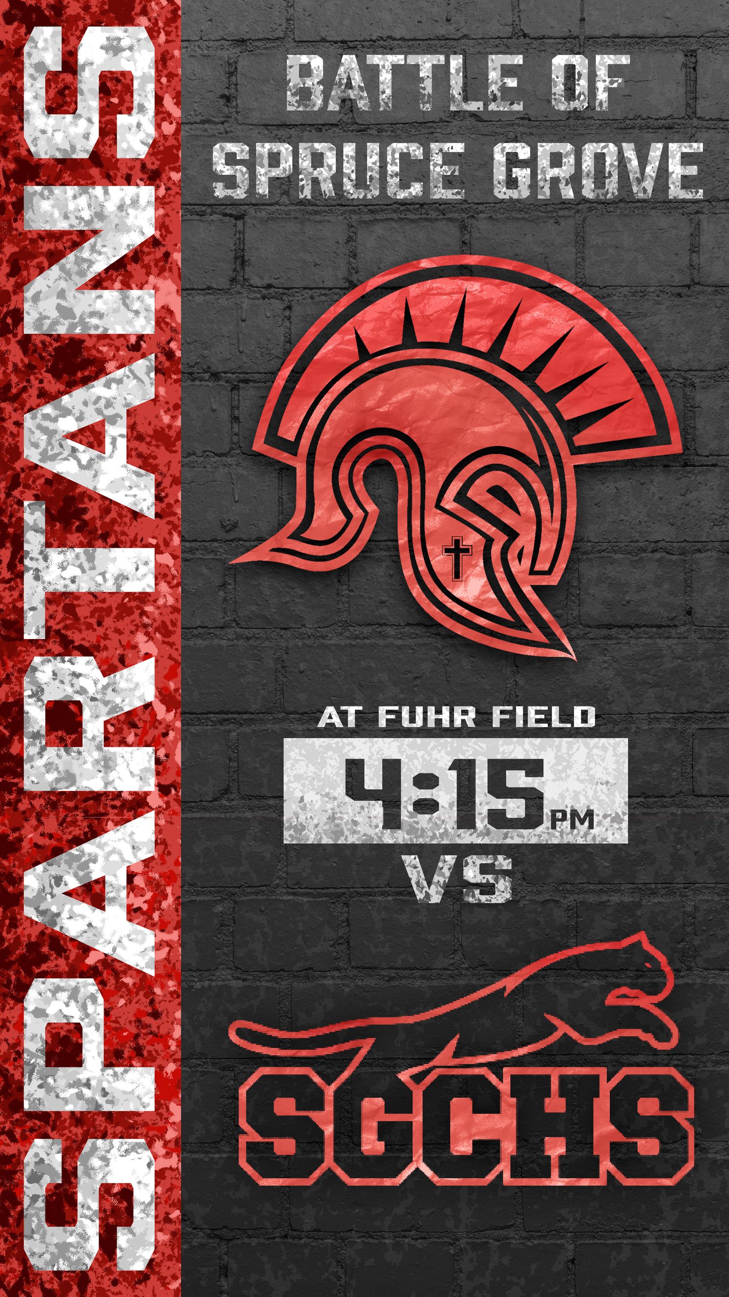 Sports event poster featuring red Spartan helmets and text for Battle of Spruce Grove match.