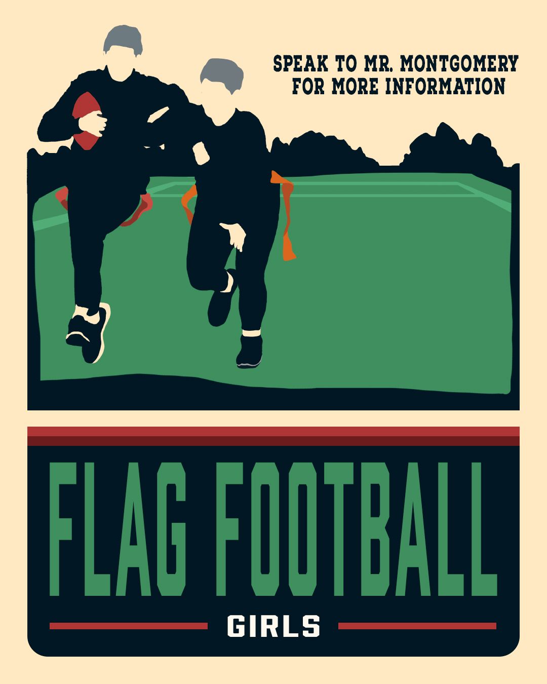 Vintage-style promotional poster for girls flag football featuring silhouetted players against green background.