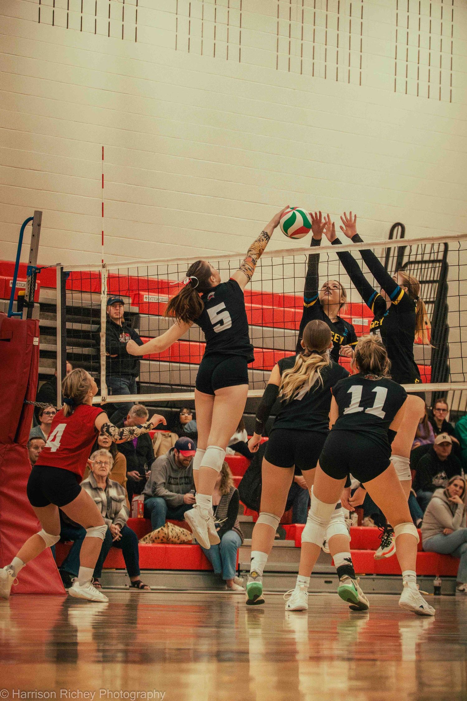 Volleyball players from two teams demonstrate defensive positions along the court during a match.