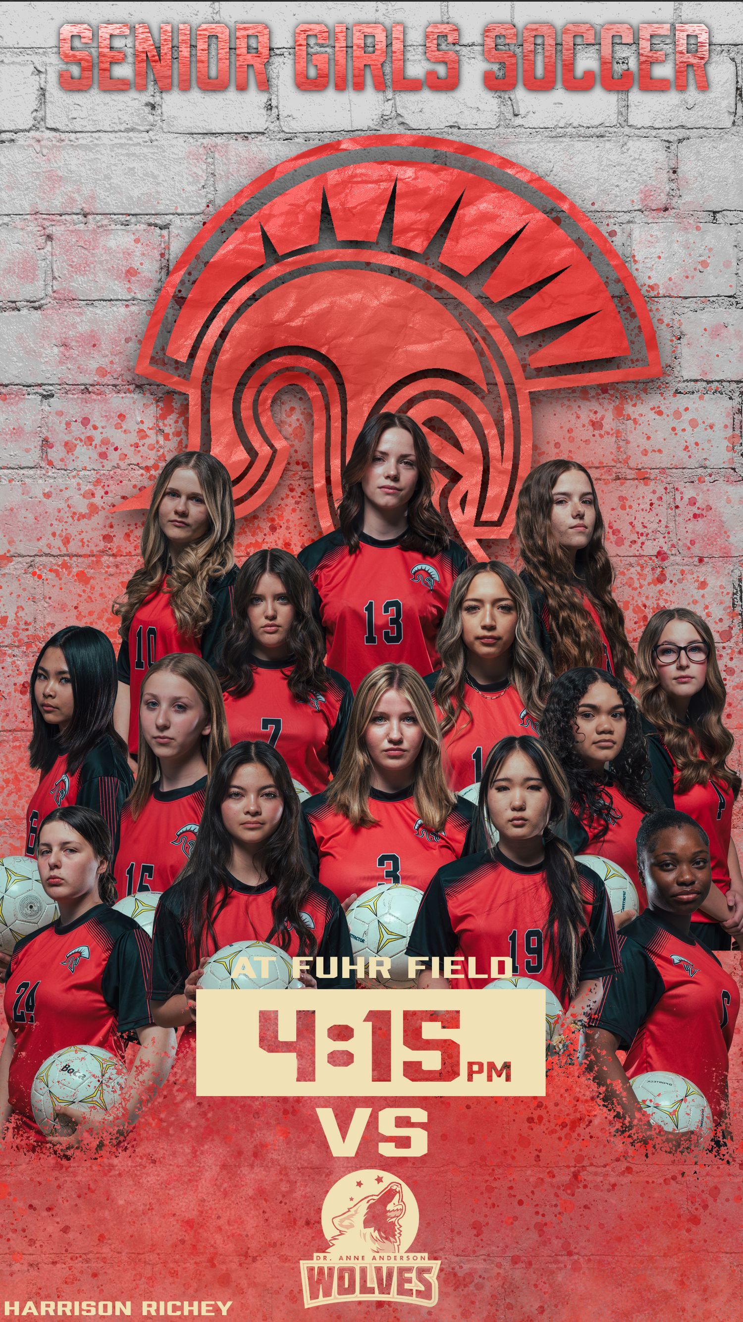 Red and gray team photo banner for senior girls soccer with Spartan logo.