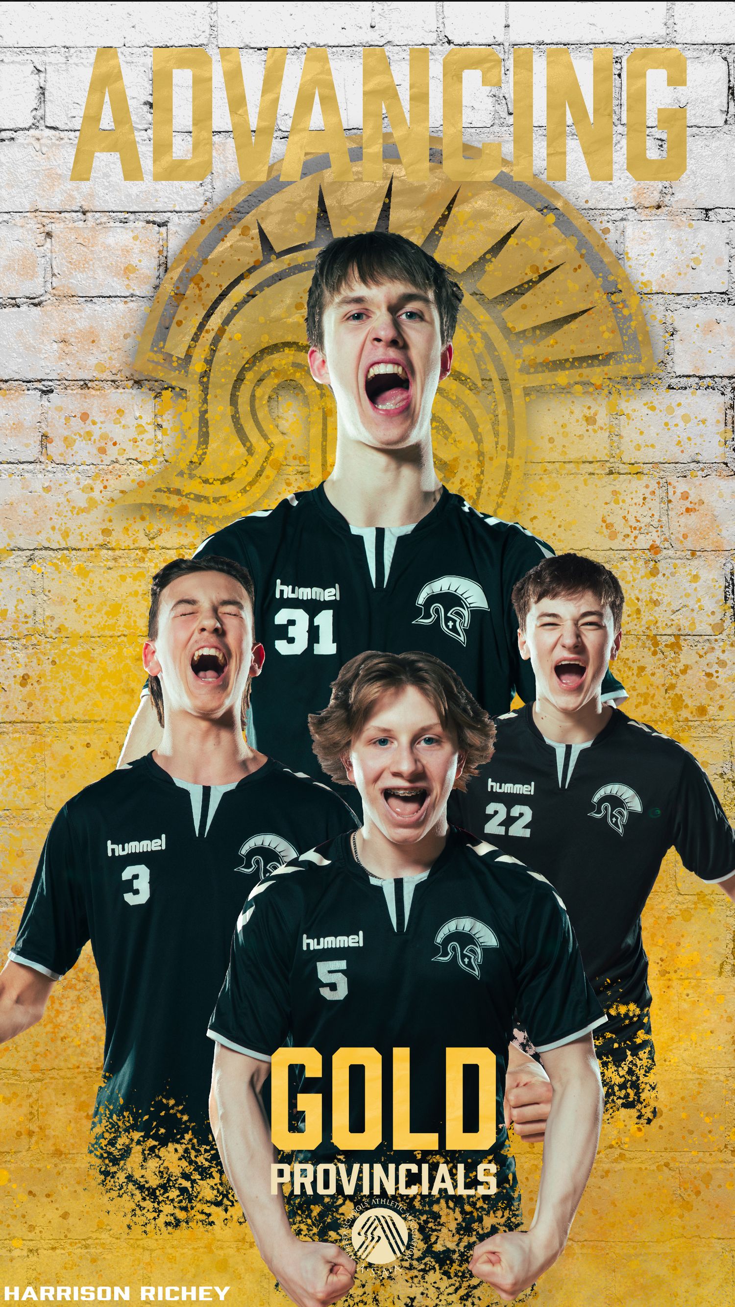 Sports team players in black uniforms celebrate against yellow graffiti-style background.