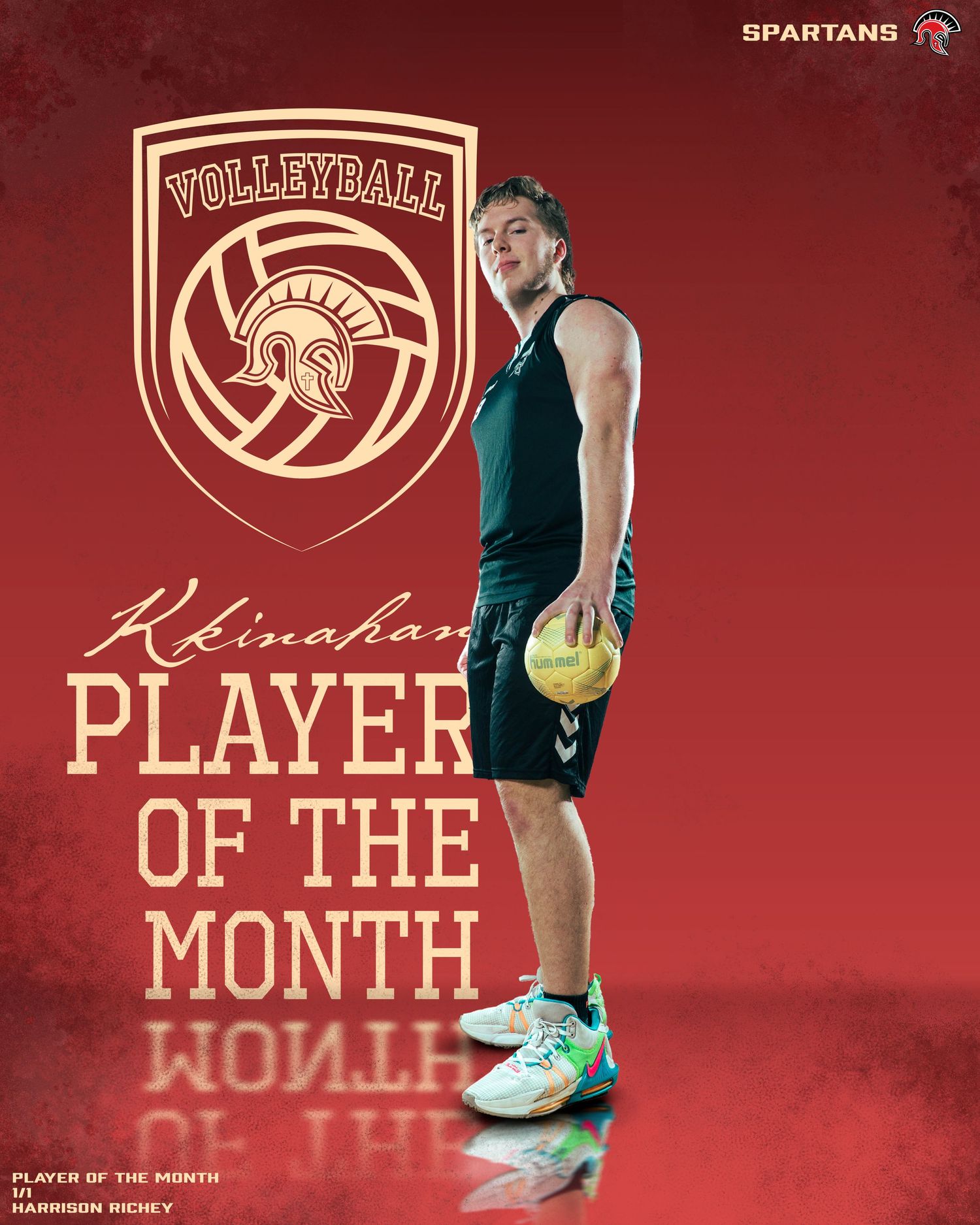 Volleyball player of the month promotional image with gold emblem against maroon background.
