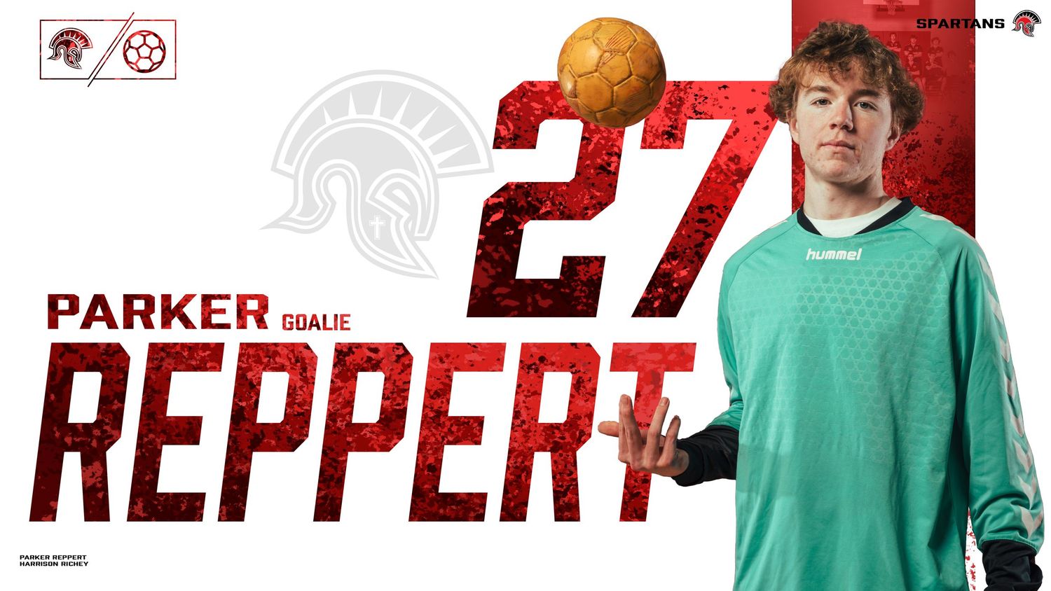 Sports promotional graphic featuring player number 27 in mint green sweater against red background.