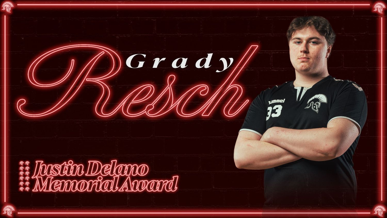 Red-tinted sports banner with decorative frames and text elements.