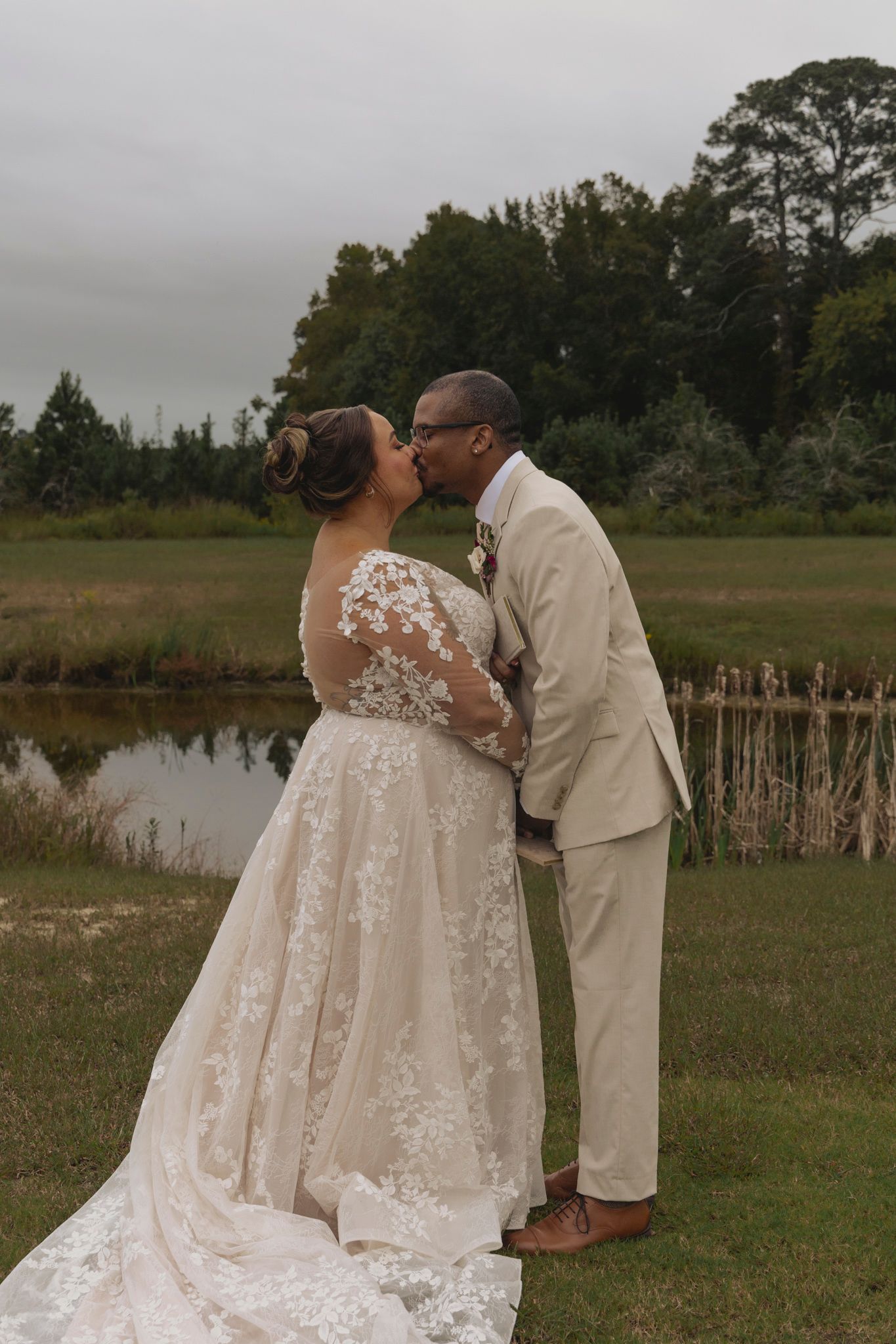 A romantic outdoor wedding photo sequence shows a couple in a beige suit and lace dress embracing by a pond.