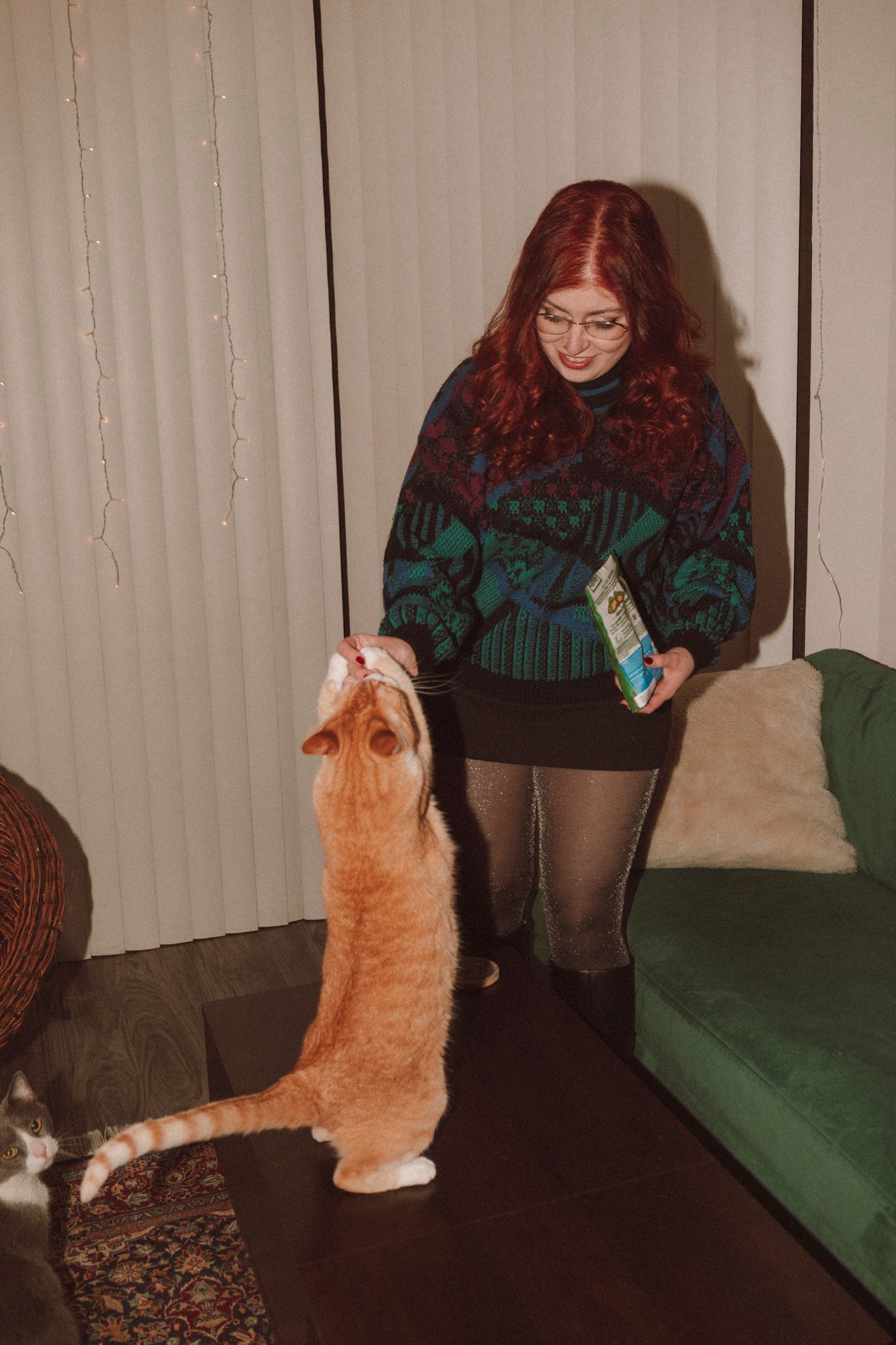 A ginger cat sits attentively on a dark table while interacting with someone in a green sweater on a couch.