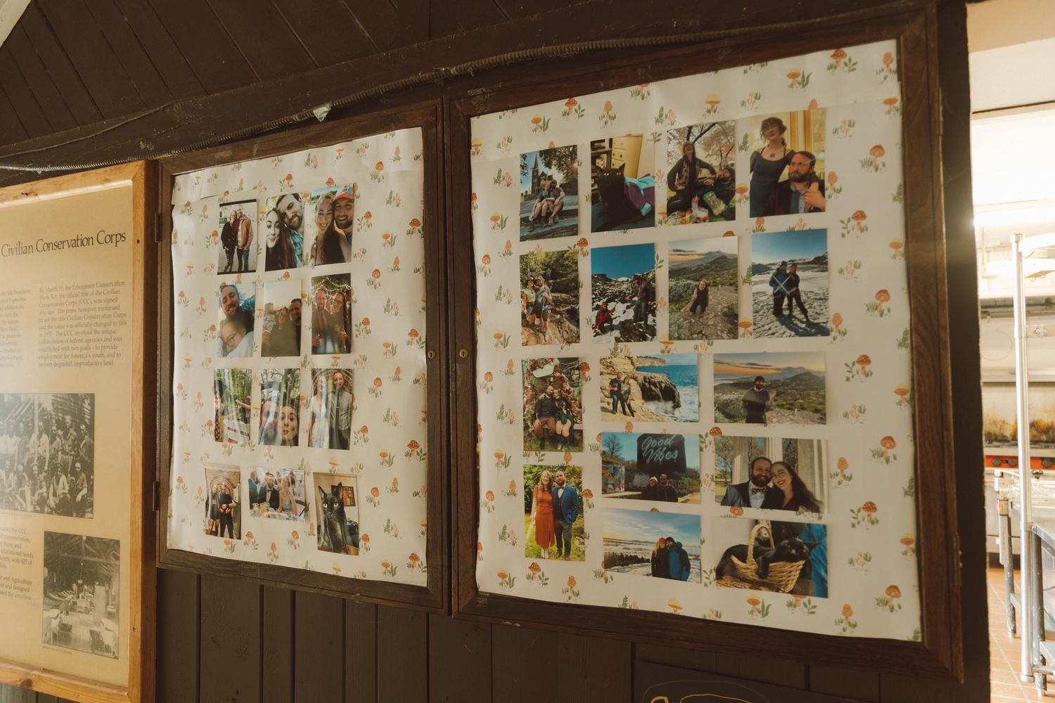 Photo gallery wall display showing multiple framed photographs and images arranged in rows along a beige interior wall.