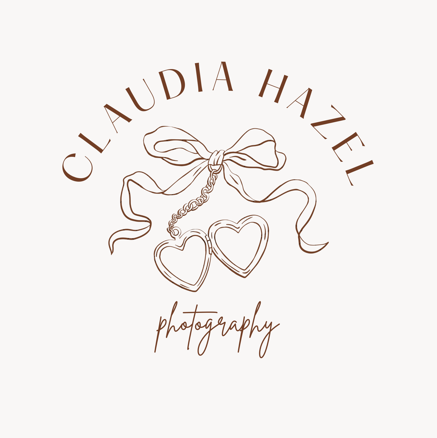 Elegant photography logo design with a brown cursive text and decorative bow with heart embellishments.