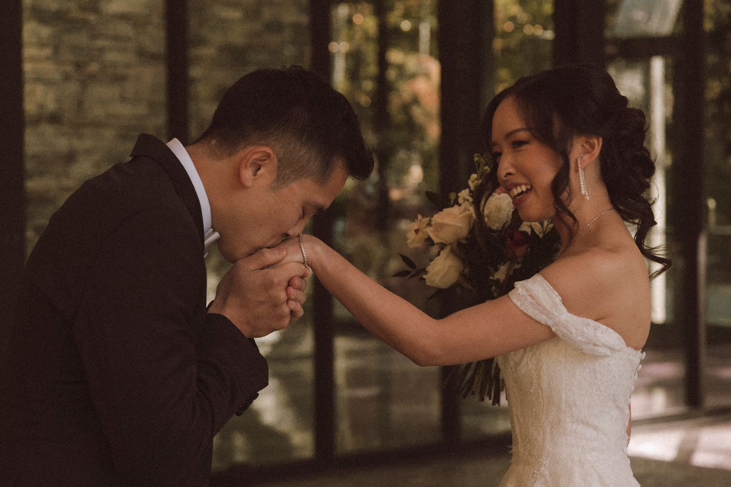 A romantic dance sequence of a couple in formal wedding attire captured in multiple candid moments.