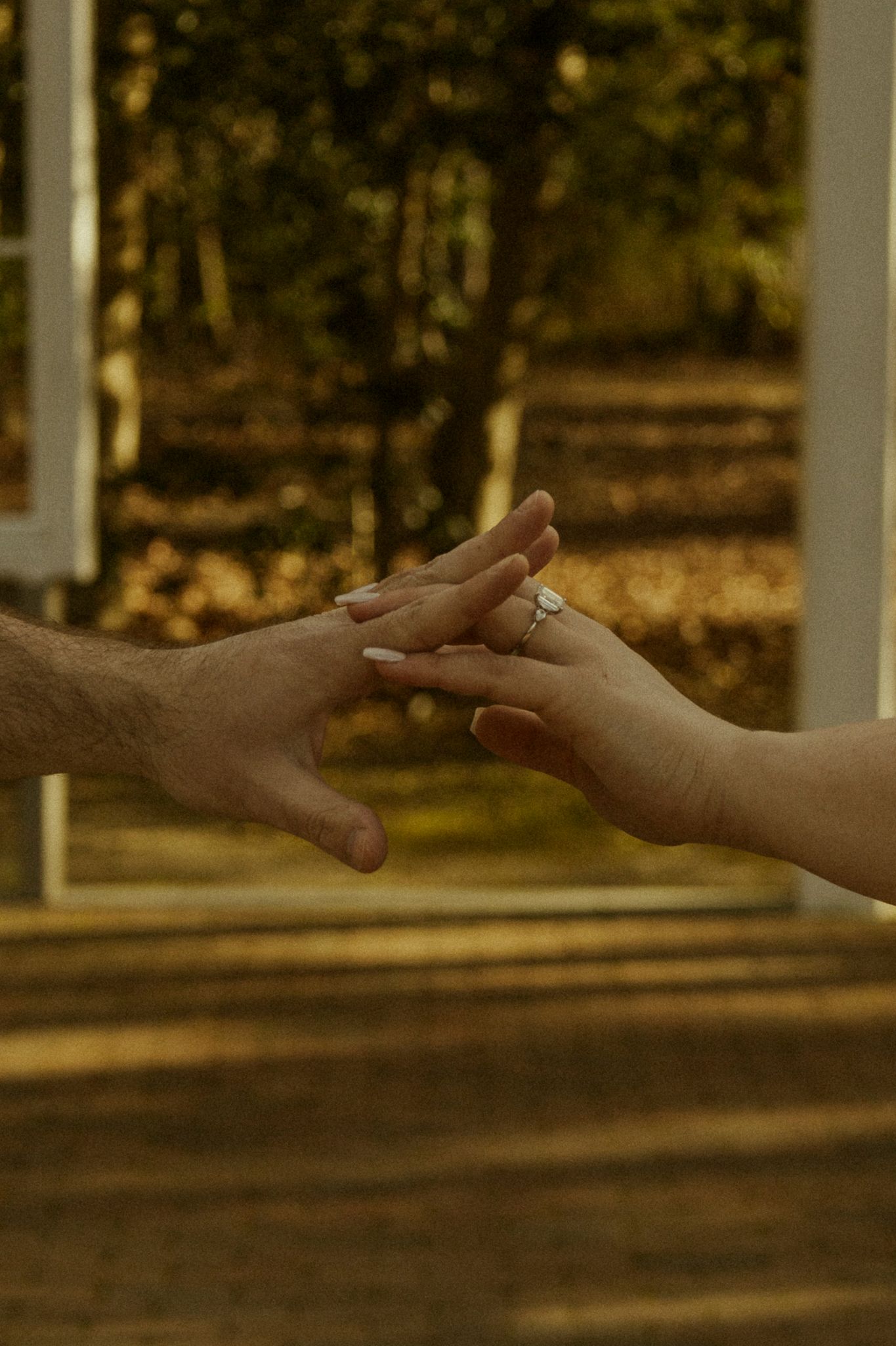 Close-up of a couple holding hands, woman wearing a delicate engagement ring, with autumn trees in background.