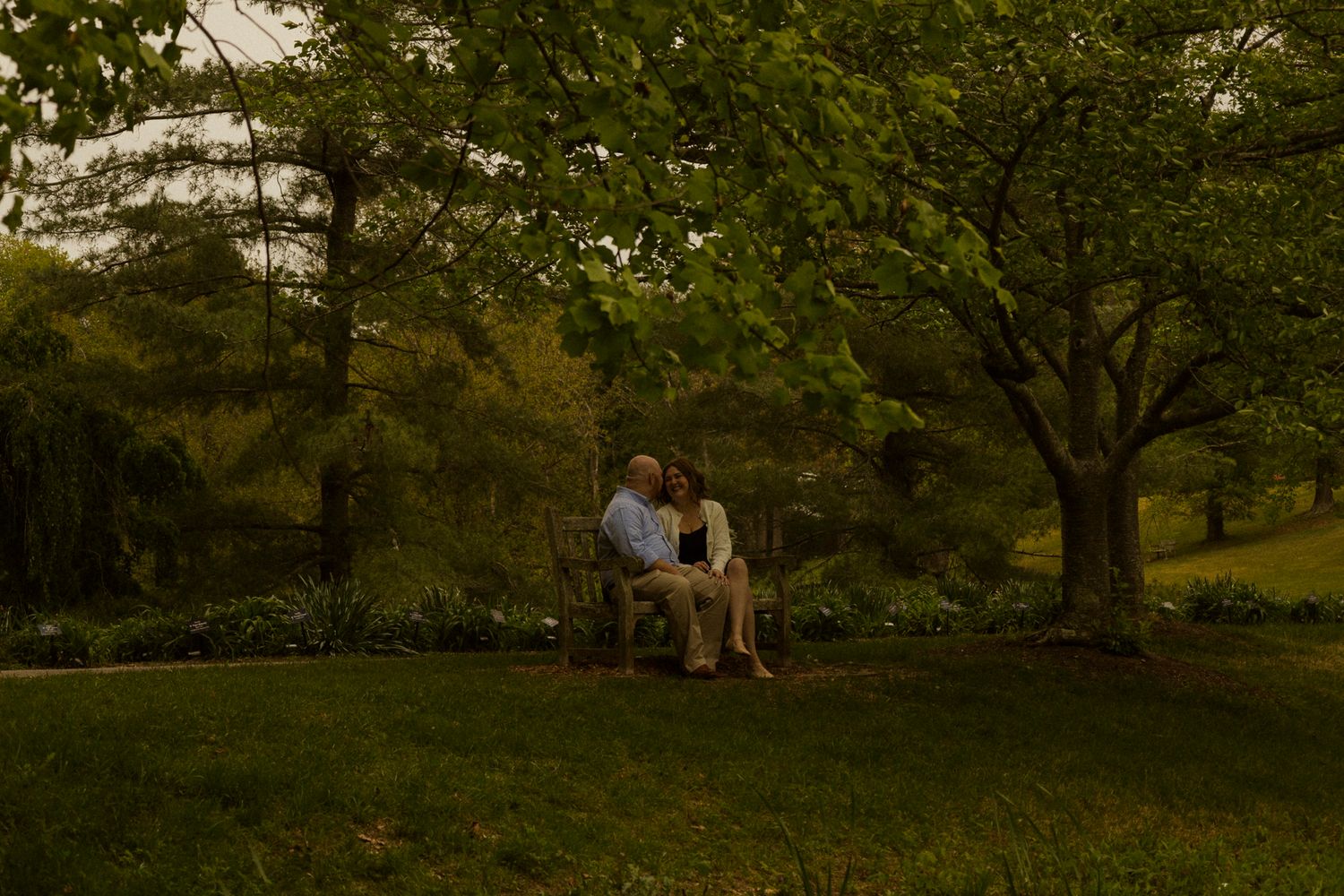 Couple sitting together on a bench under lush green trees in a serene park at dusk.